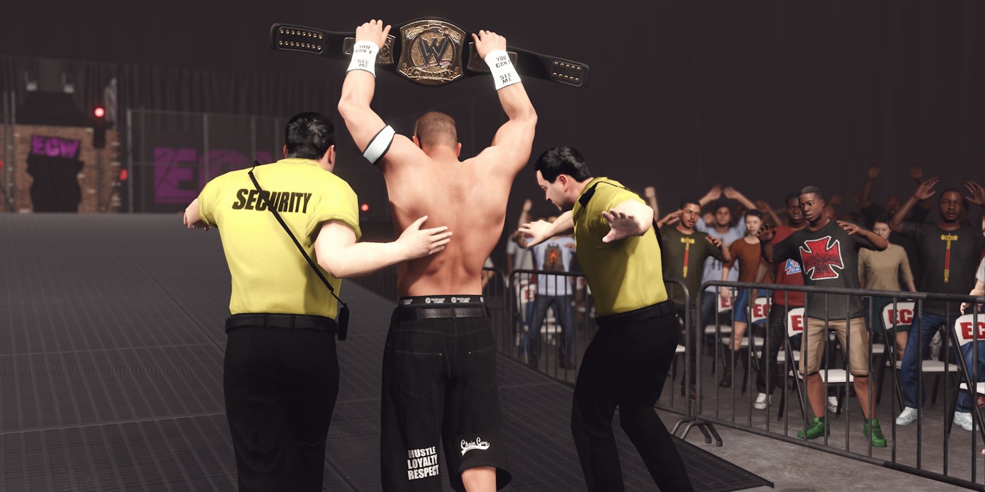WWE 2K23 Screenshot Of John Cena Leaving ECW Arena With Security