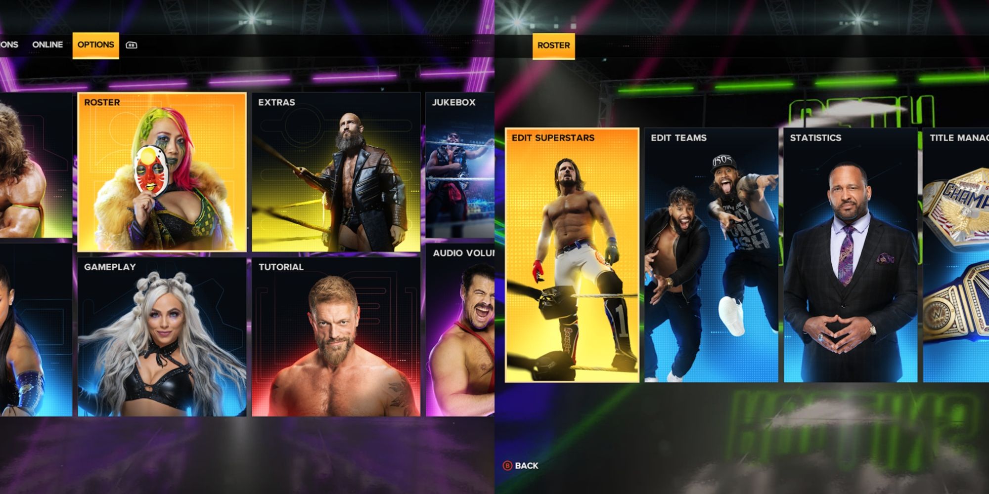 WWE 2K23 Split Image Of Options And Roster Menus