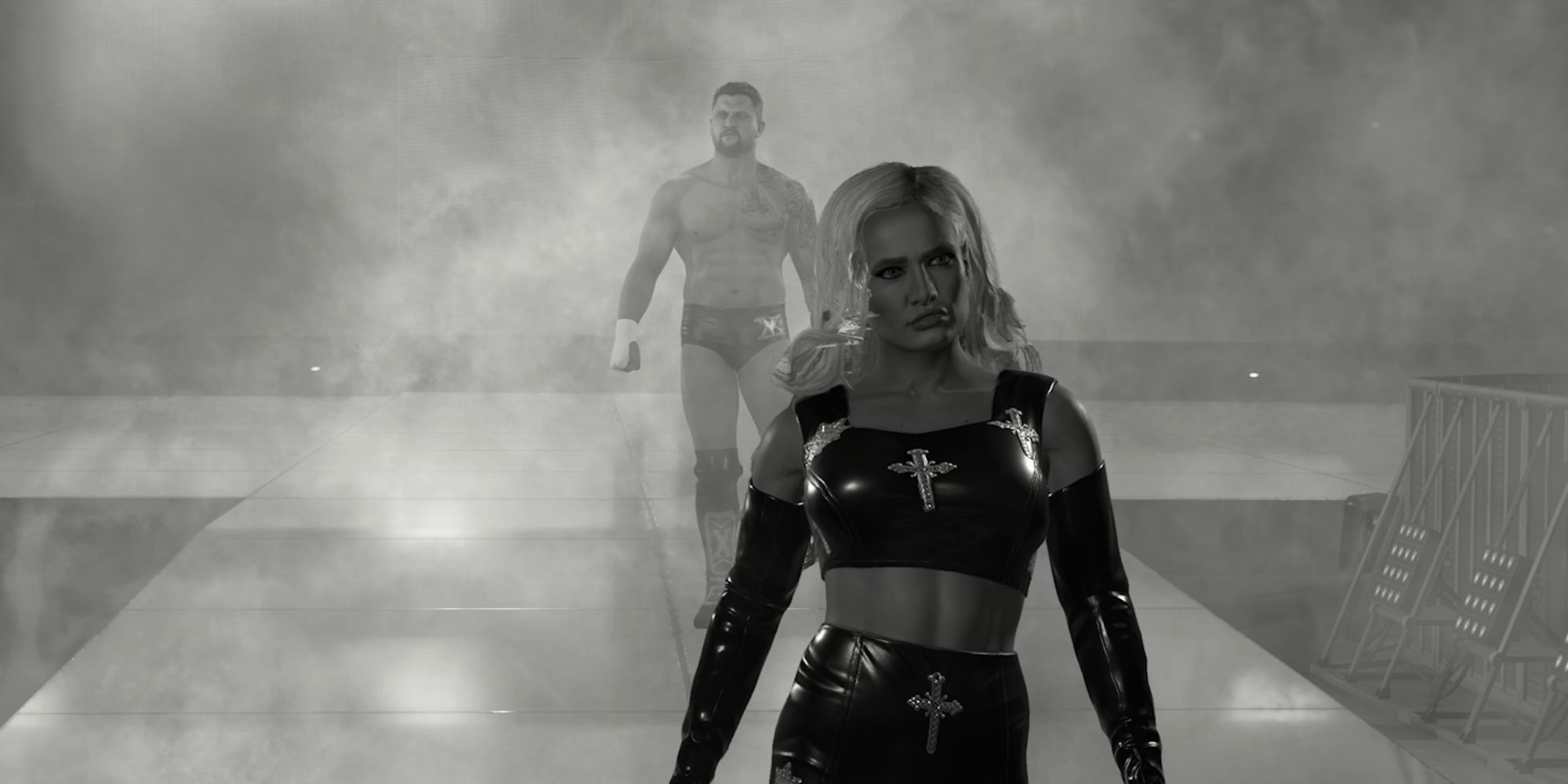 WWE 2K23 Screenshot Of Scarlett Leading Karrion Kross To The Ring