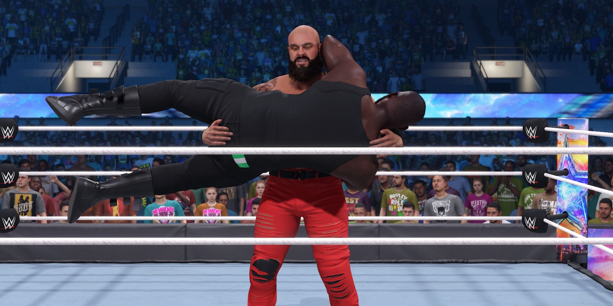 WWE 2K23 Screenshot Of Strowman Carrying Omos In Scoop Slam