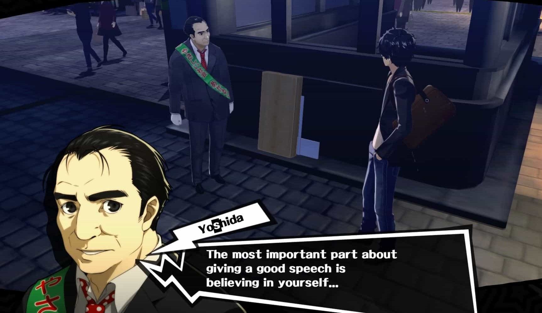 Yoshida telling the Joker in Persona 5 Royal that believing in yourself is key to a good speech