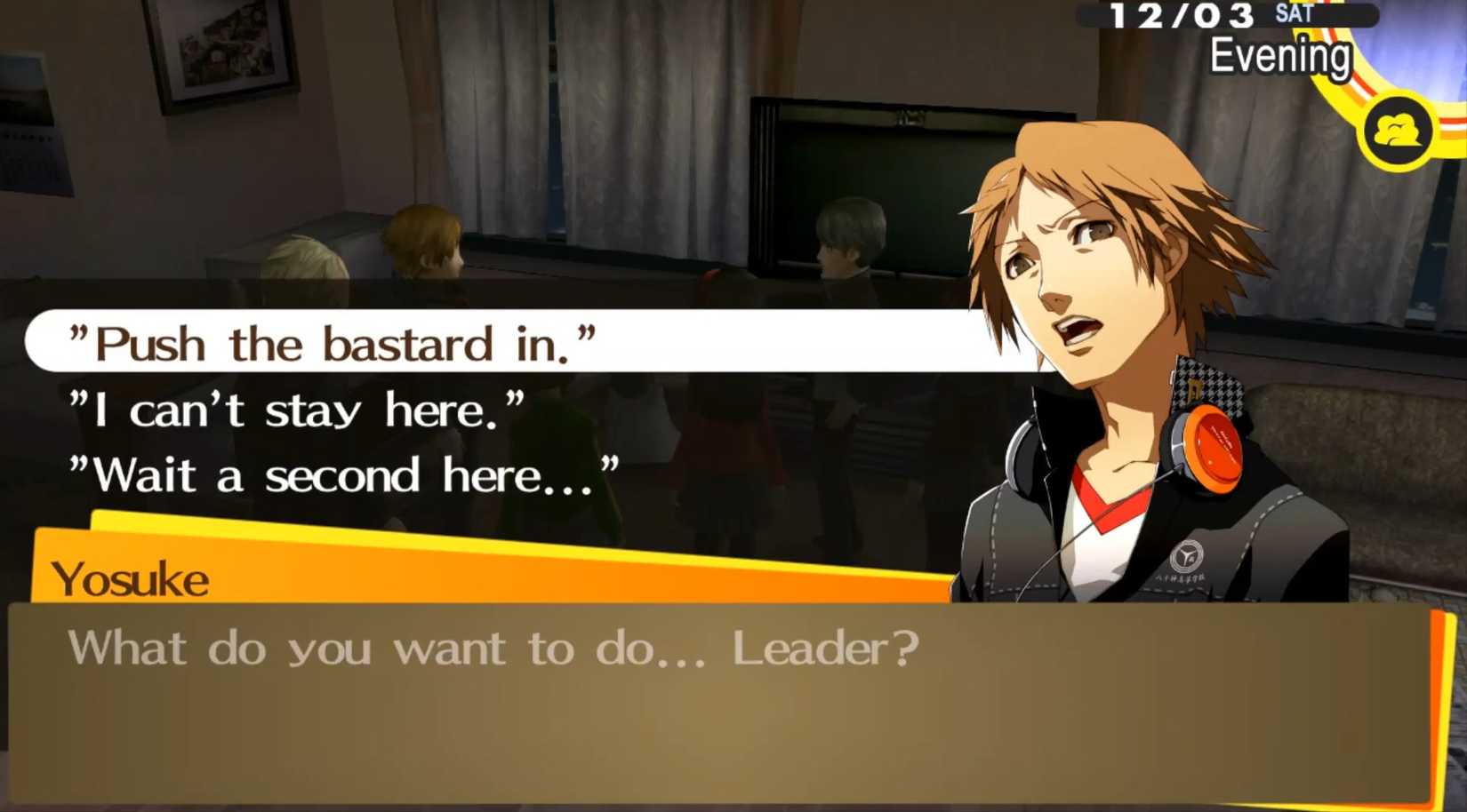 Yosuke in Namatames hospital room and asks you what you want to do with him in Persona 4 Golden to determine your end for P4G