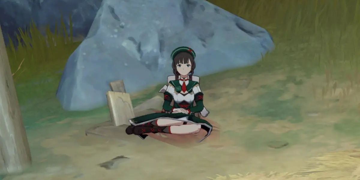 Zhiqiong sitting on the ground with her hands on her lap looking at the viewer in the Chasm in Genshin Impact