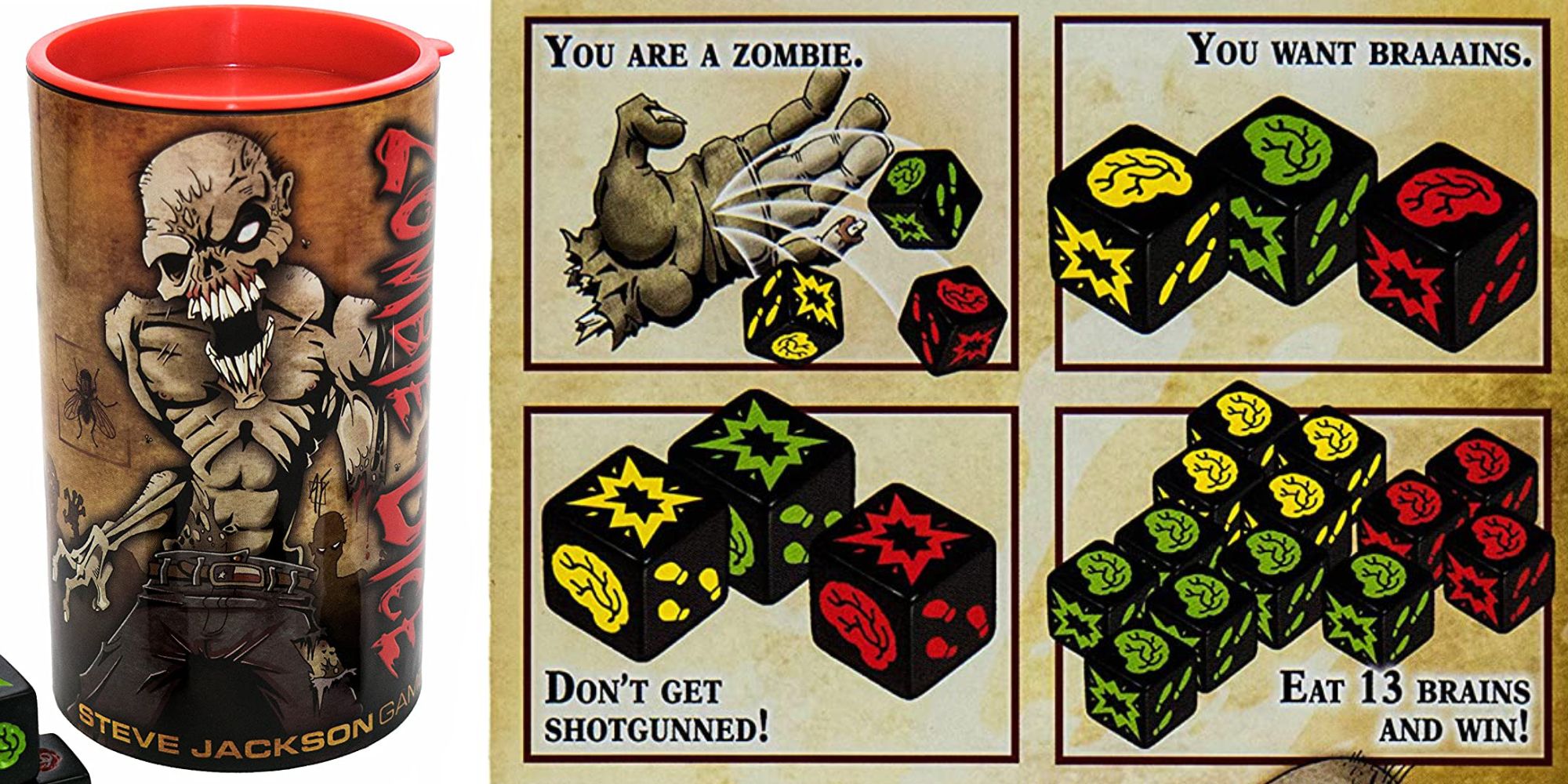 Zombie dice tube and basic rules side by side