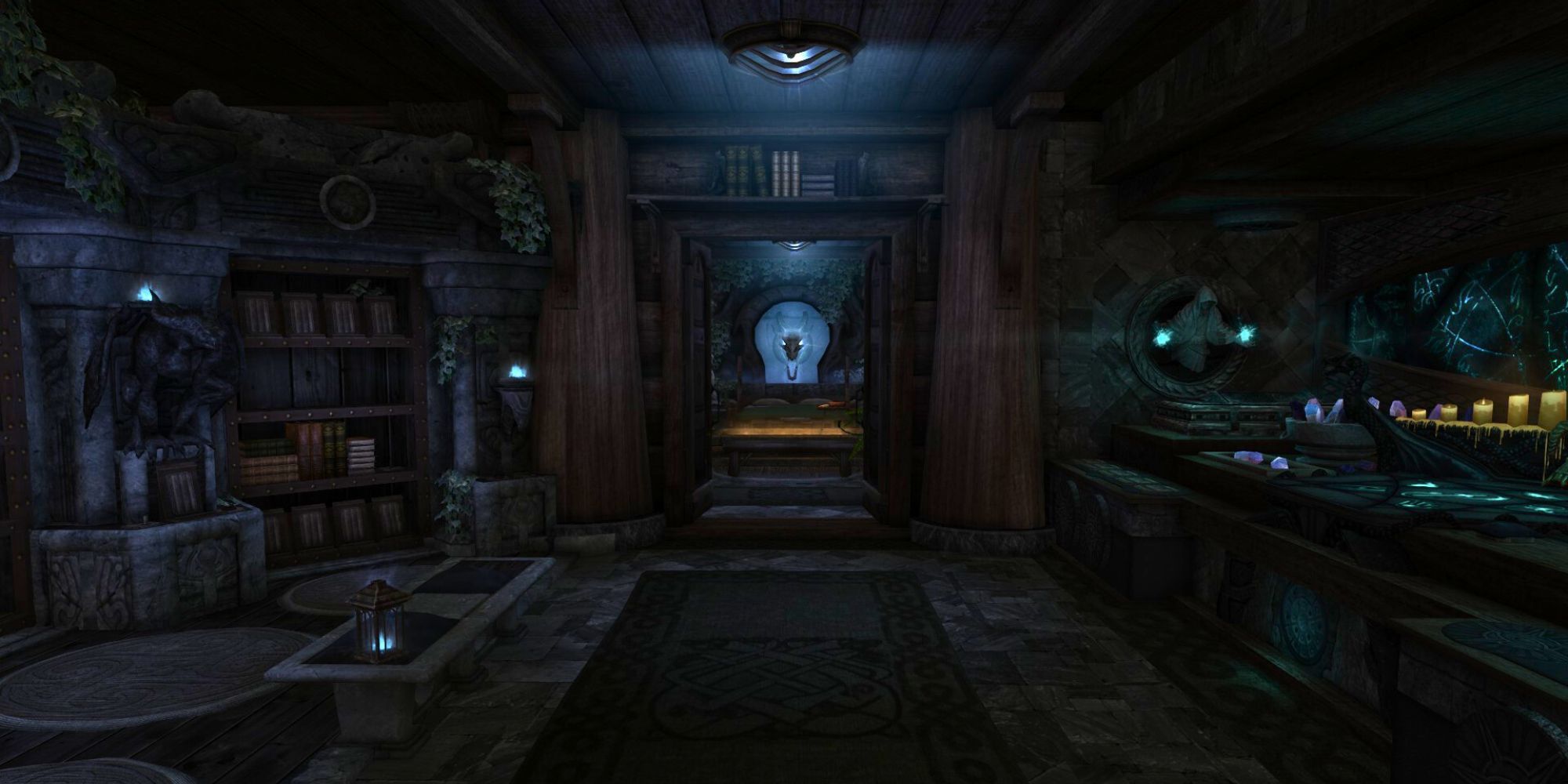Inside the main hallway of the inner layer of Rayek's end, with an enchanting area and library on opposite ends of the hall and a doorway at the end leading to the bedroom