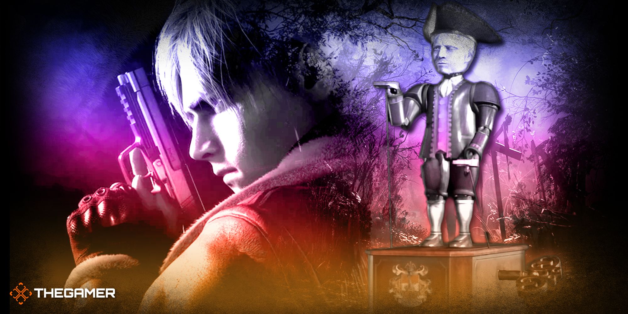 Game art from Resident Evil 4 Remake.featuring Leon holding a pistol and a wind-up doll