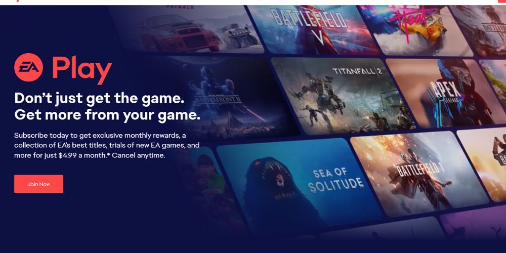 The official EA Play subscription page showing the join button and various game splashes