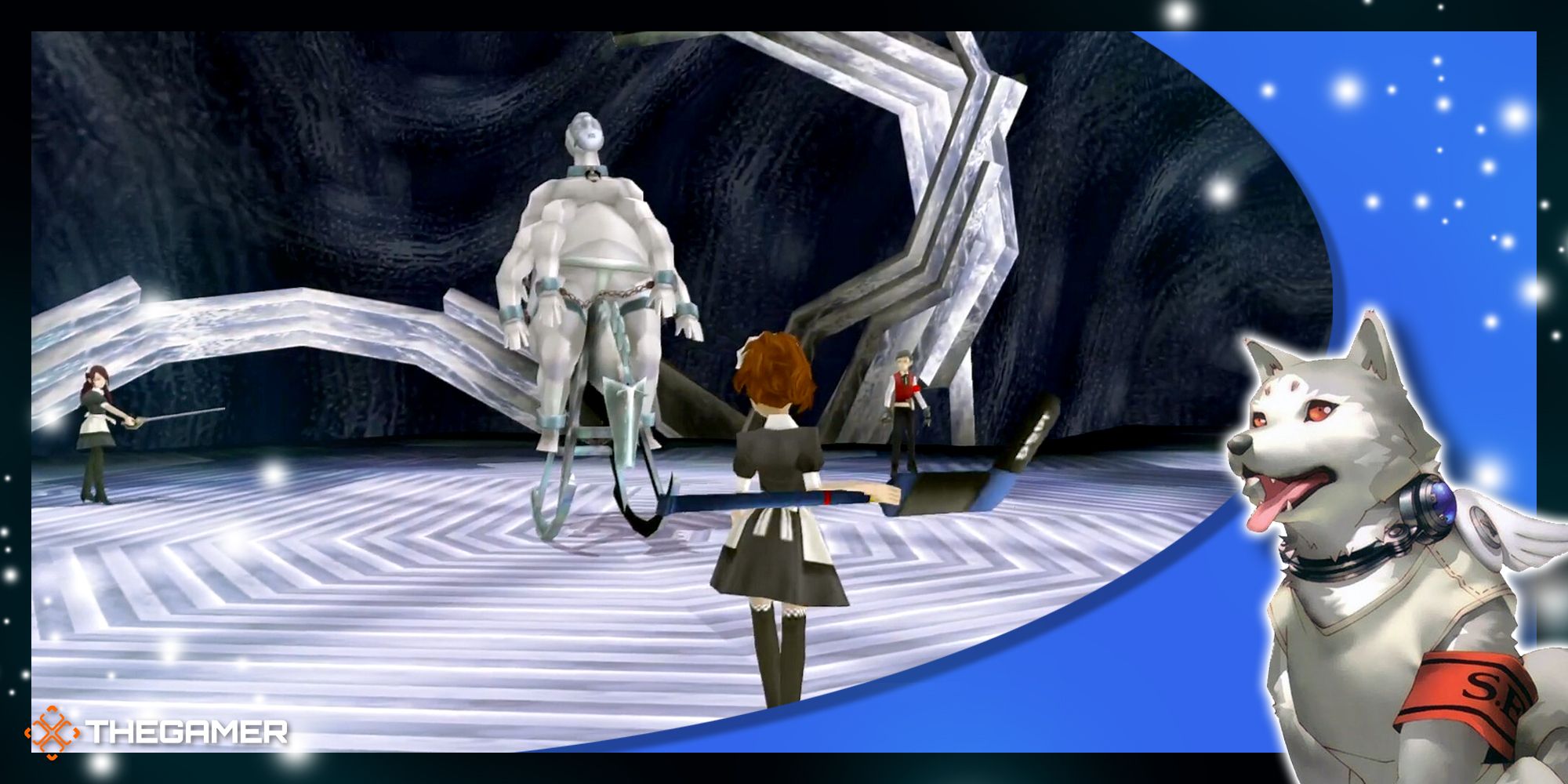 the female protagonist of persona 3 portable with mitsuru and akihiko about to battle the jotun of grief tartarus guardian shadow in our blue p3p koromaru frame