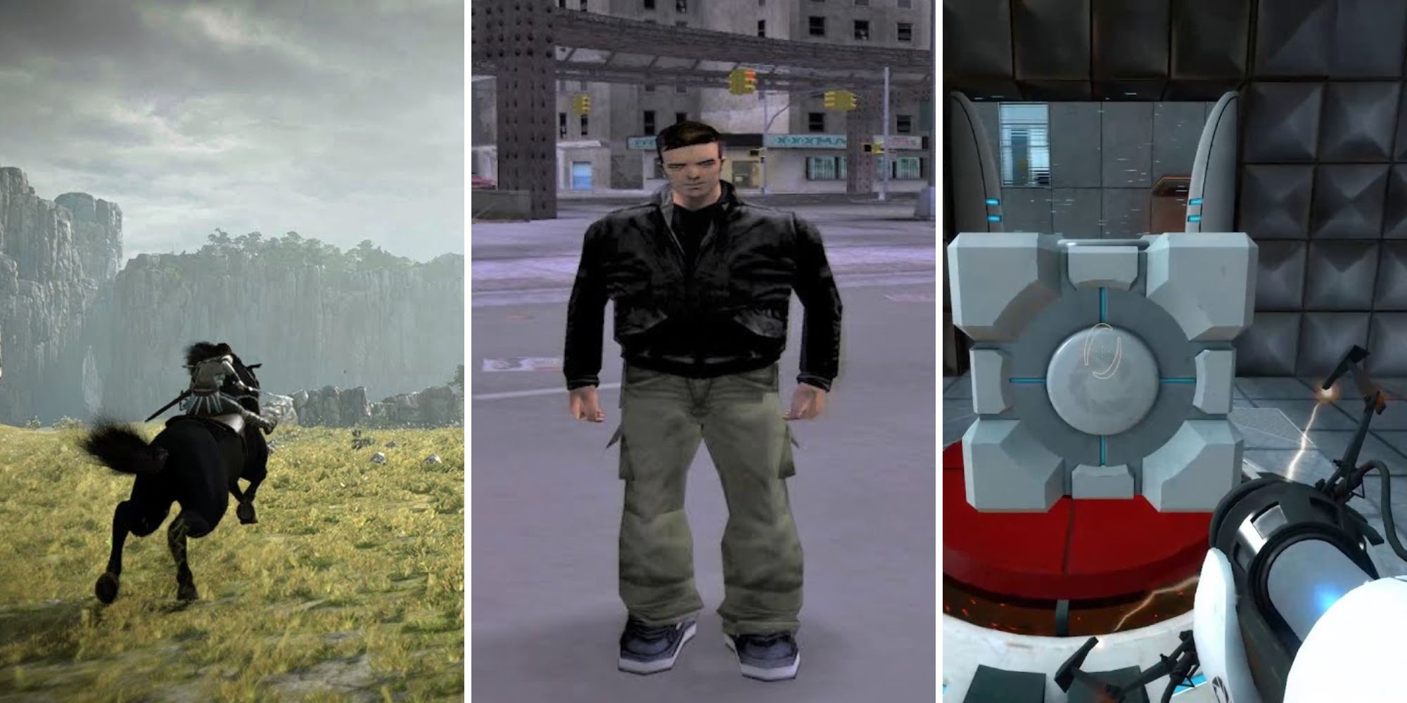 Collage image of Wander riding Agro in Shadow of the Colossus, Claude Speed in GTA III, and a cube in Portal