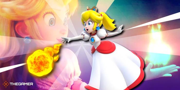 11-Mario Creator Always Wanted Princess Peach To Be A Powerful Woman - image showing Princess Peach from Super Mario 3D World in the front shooting fire, and her in the new movie behind