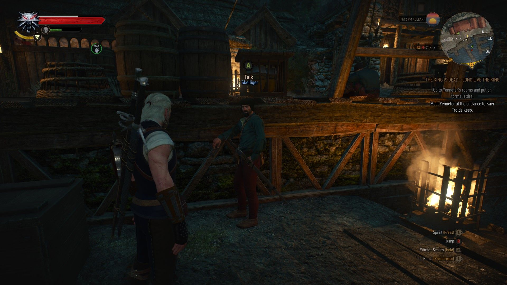 A screenshot of Geralt talking to Skelliger in The Witcher 3 Harbor.