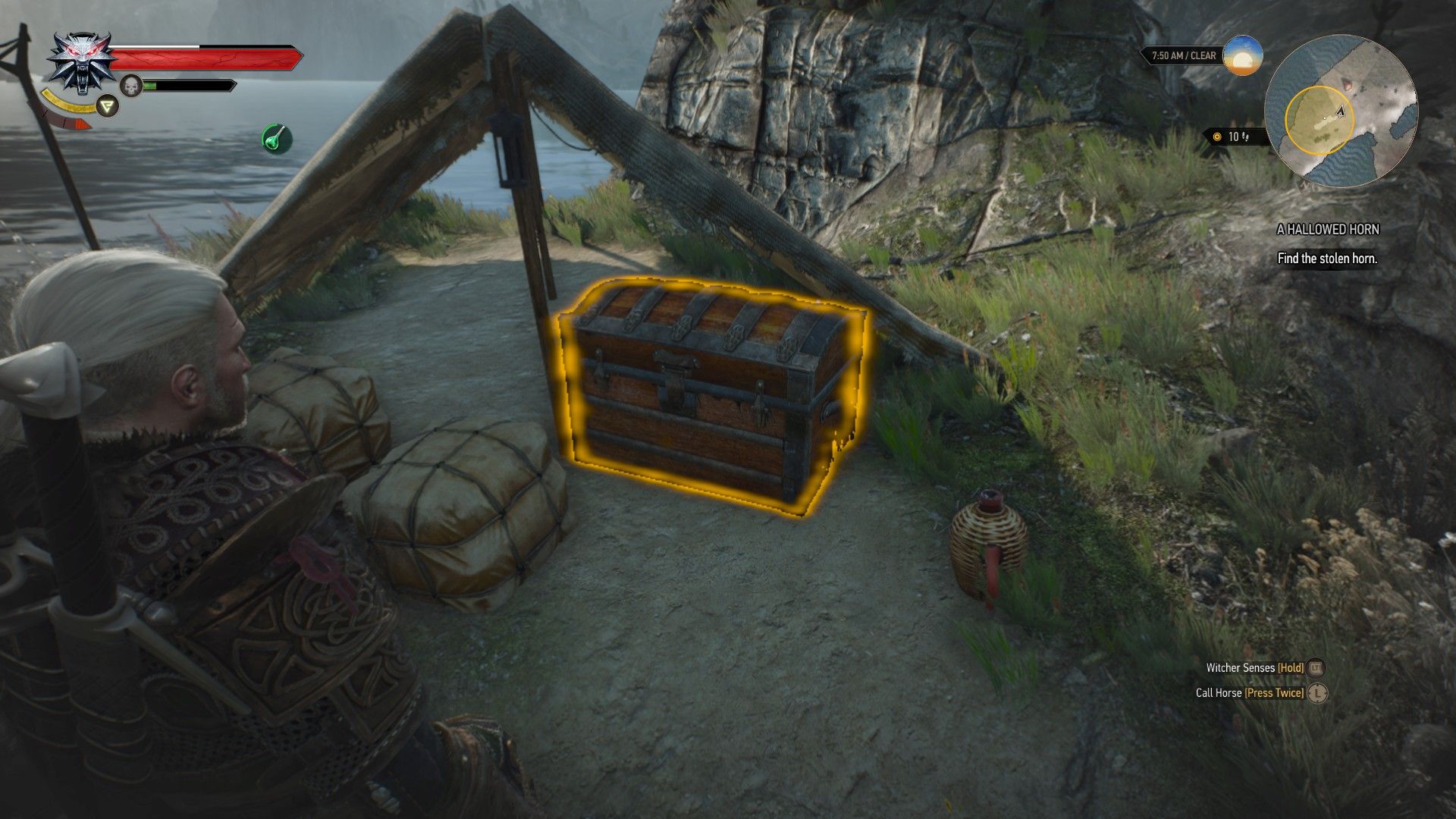A screenshot of Geralt looking at a chest where the horn is located.