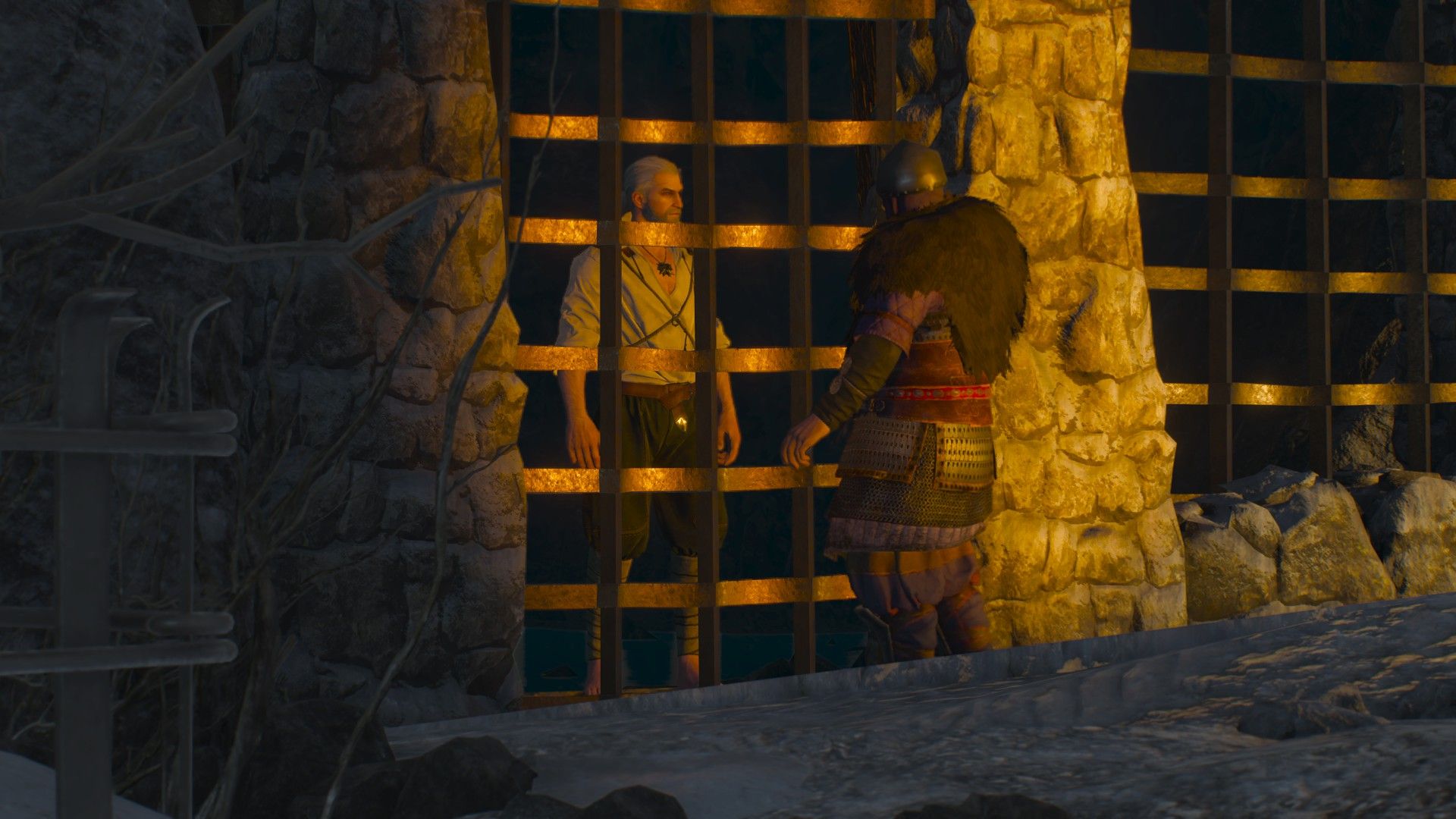 Geralt speaks to a Skellige guard in a prison, with the witcher trapped behind bars.
