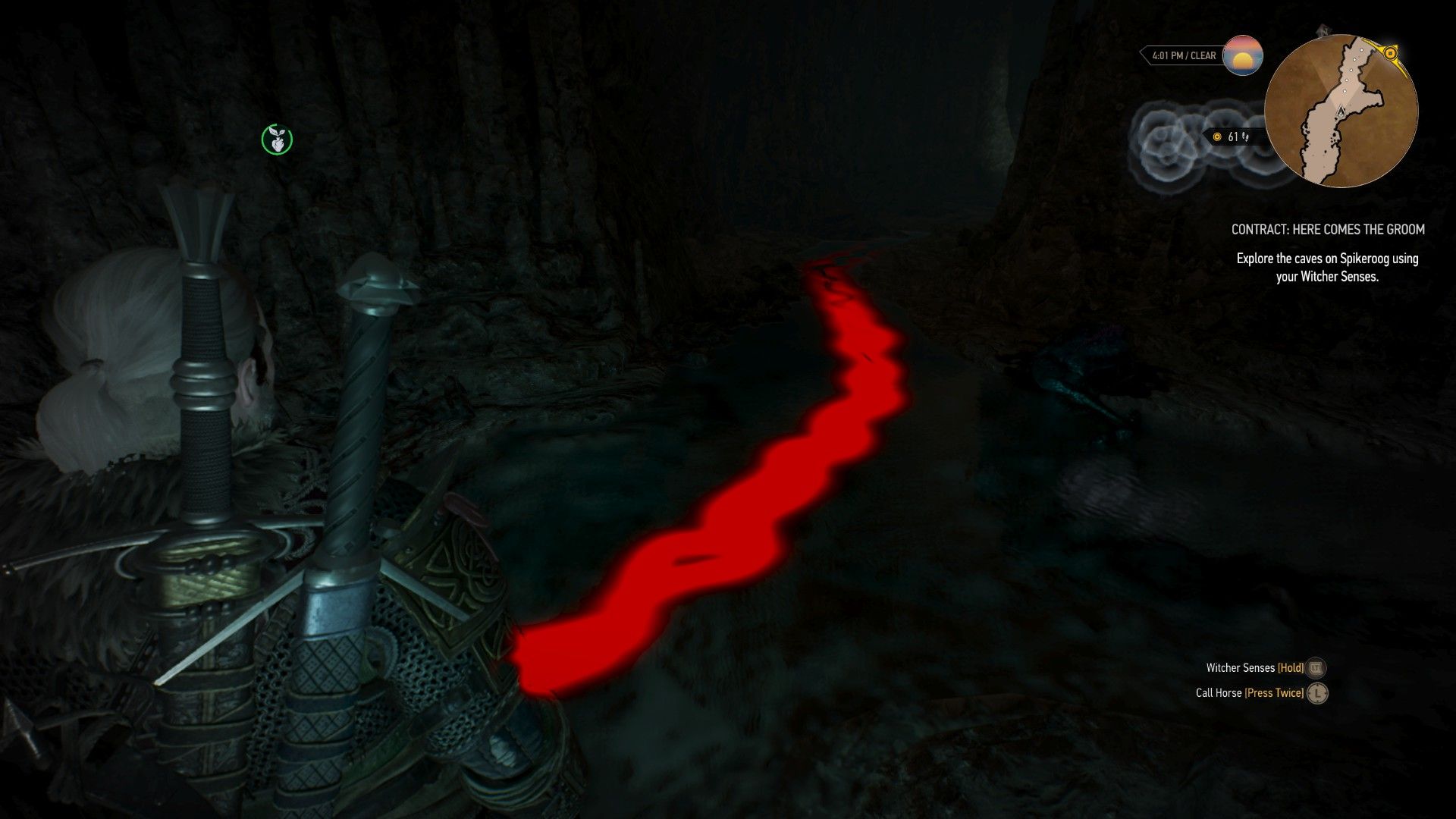 Screenshot from Geralt's Witcher Senses, highlighting the trail left by the monster in the dark cave.
