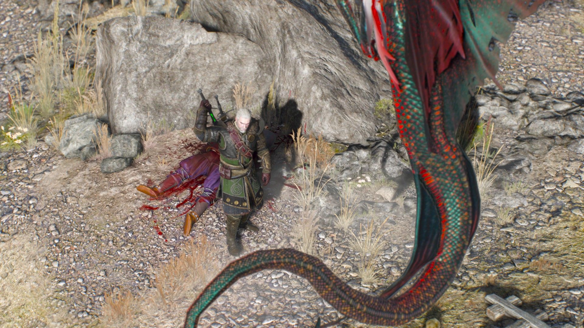 Geralt stands in front of the corpse and draws his sword as he prepares to fight the monsters flying above.