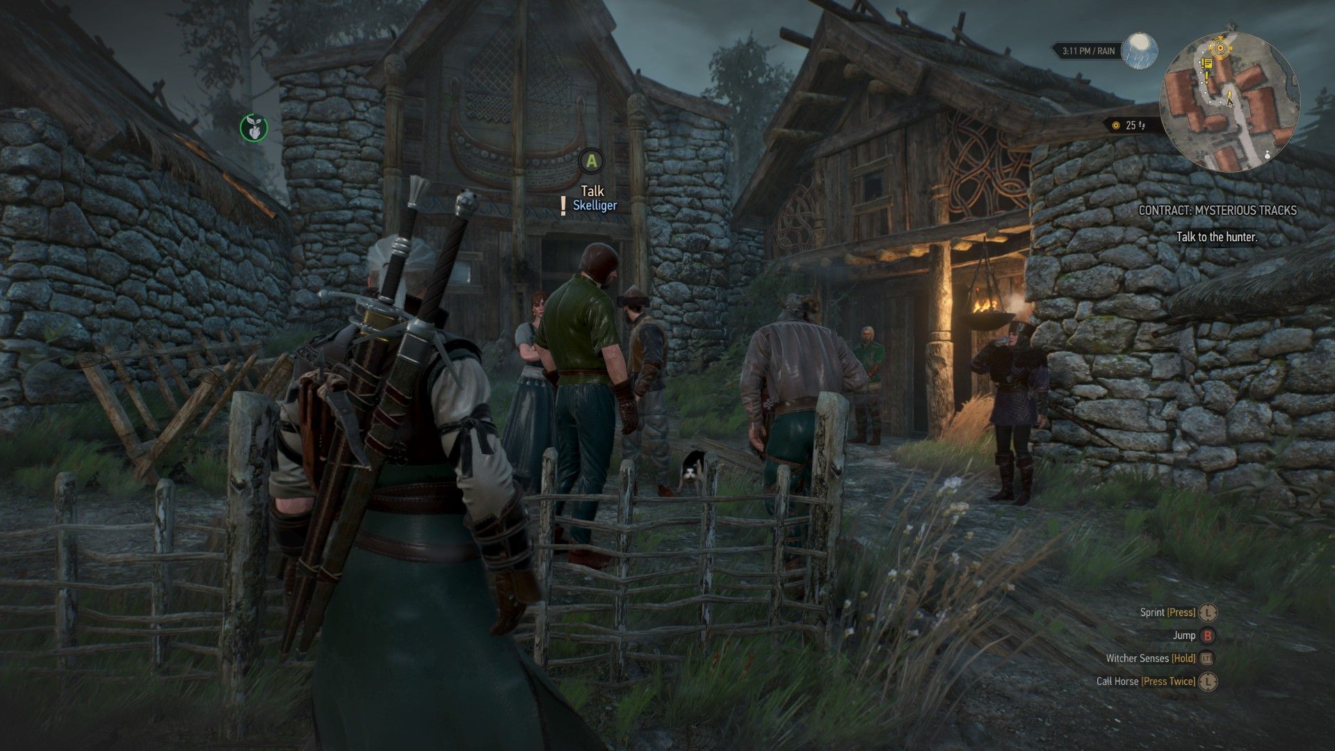 A screenshot of Geralt observing a large group of Skelligers arguing in a group.