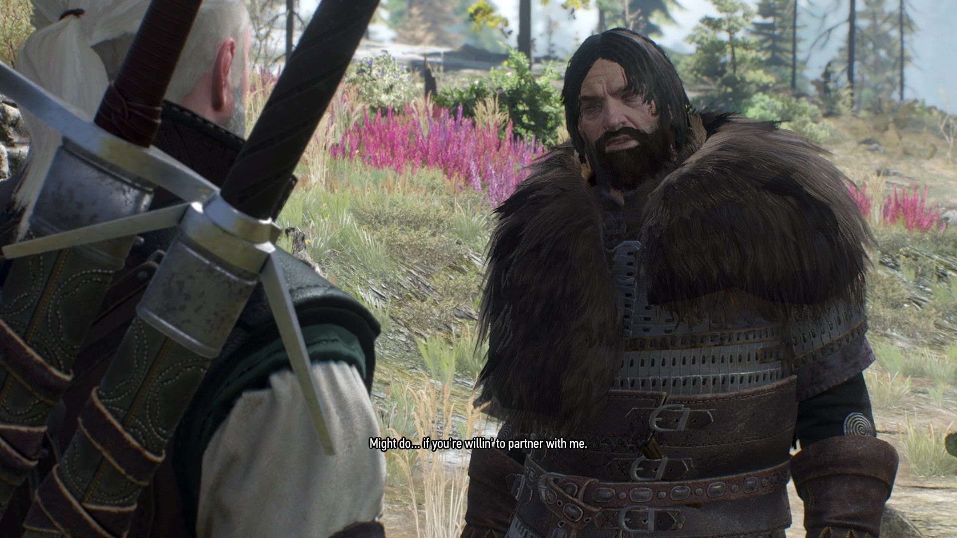A bearded warrior with long, black hair, talks to Geralt in the fields of Ard Skellig.