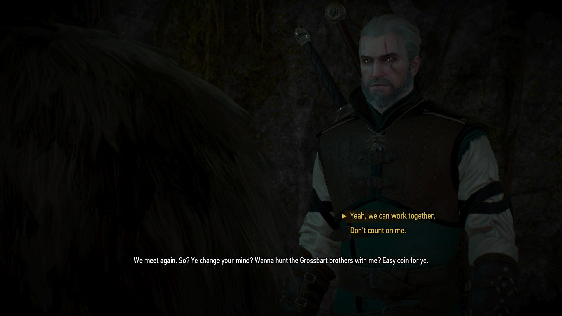 A screenshot of a conversation in The Witcher 3, where Geralt agrees to help Djenge Frett.