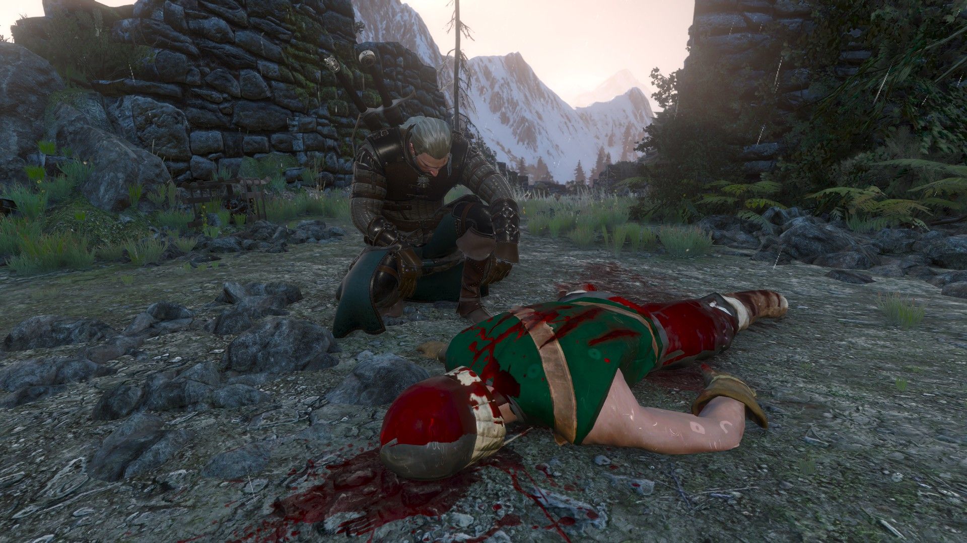 Geralt inspects the corpse of a warrior lying face-down in its own blood at a crumbling ruin in Skellige.