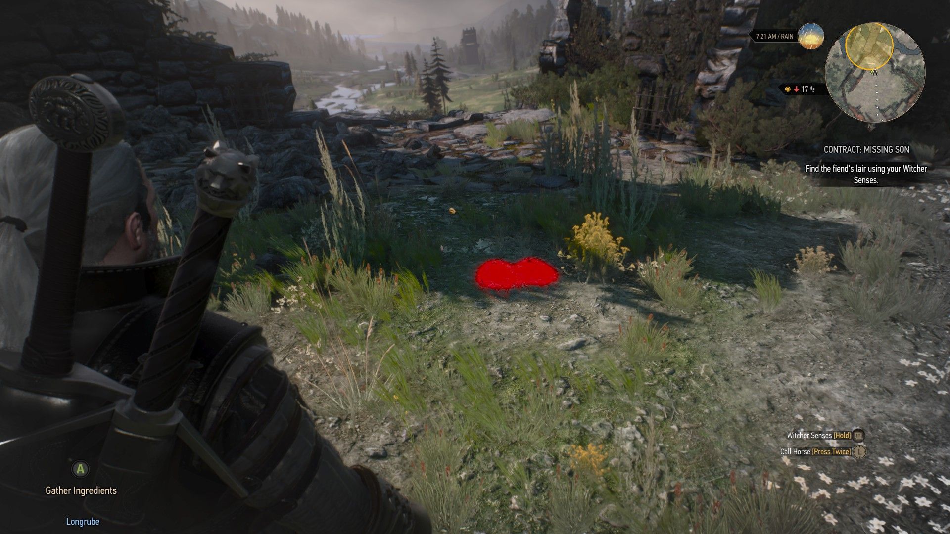Geralt&rsquo;s Witcher Senses picks up a footprint left by a fiend near a half-destroyed castle.