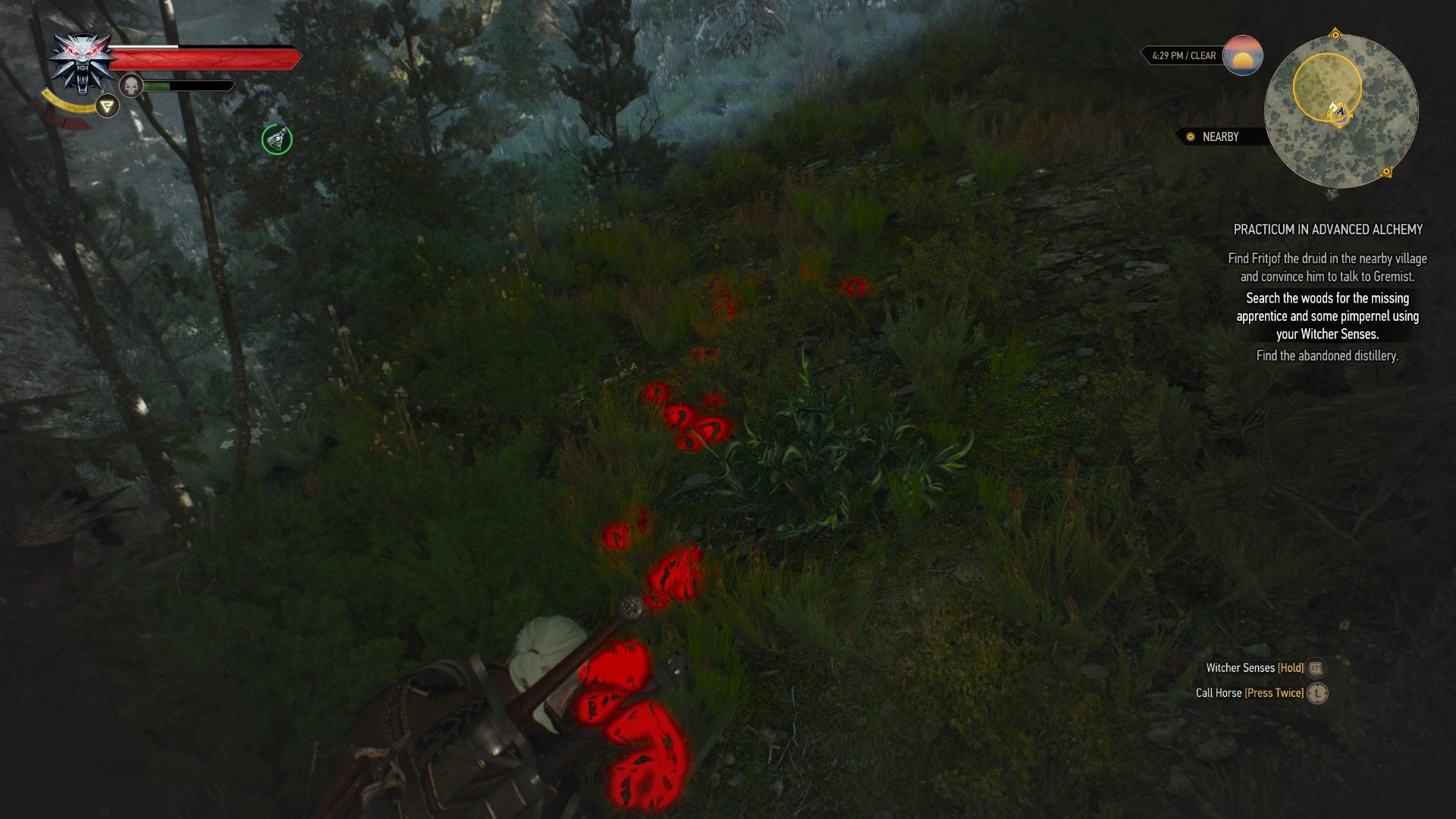 Geralt's Witcher Senses highlight a series of footprints that lead to monsters.