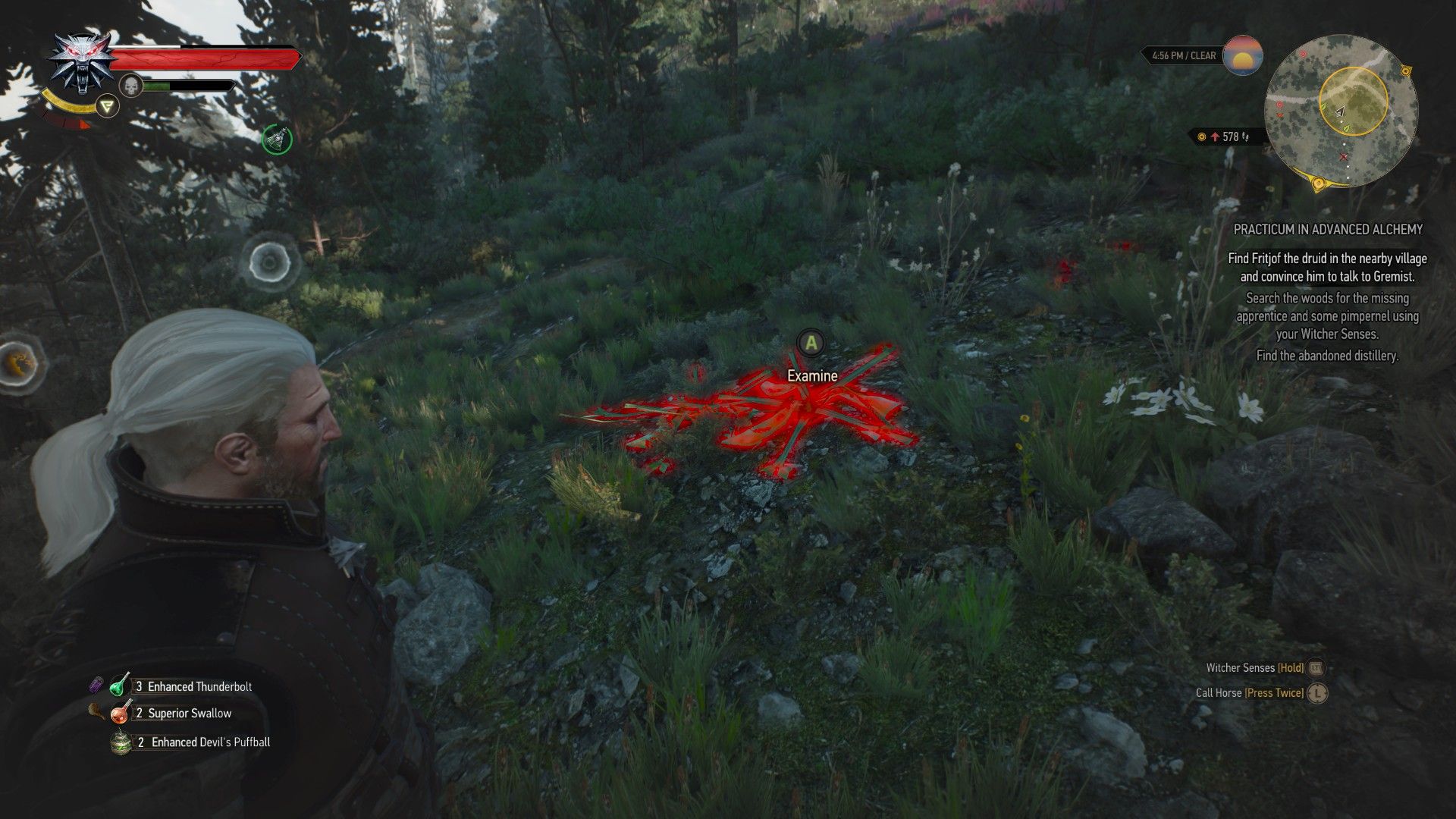 Geralt is standing in the middle of a forest next to a dead plant with two sets of tracks moving away from each other.