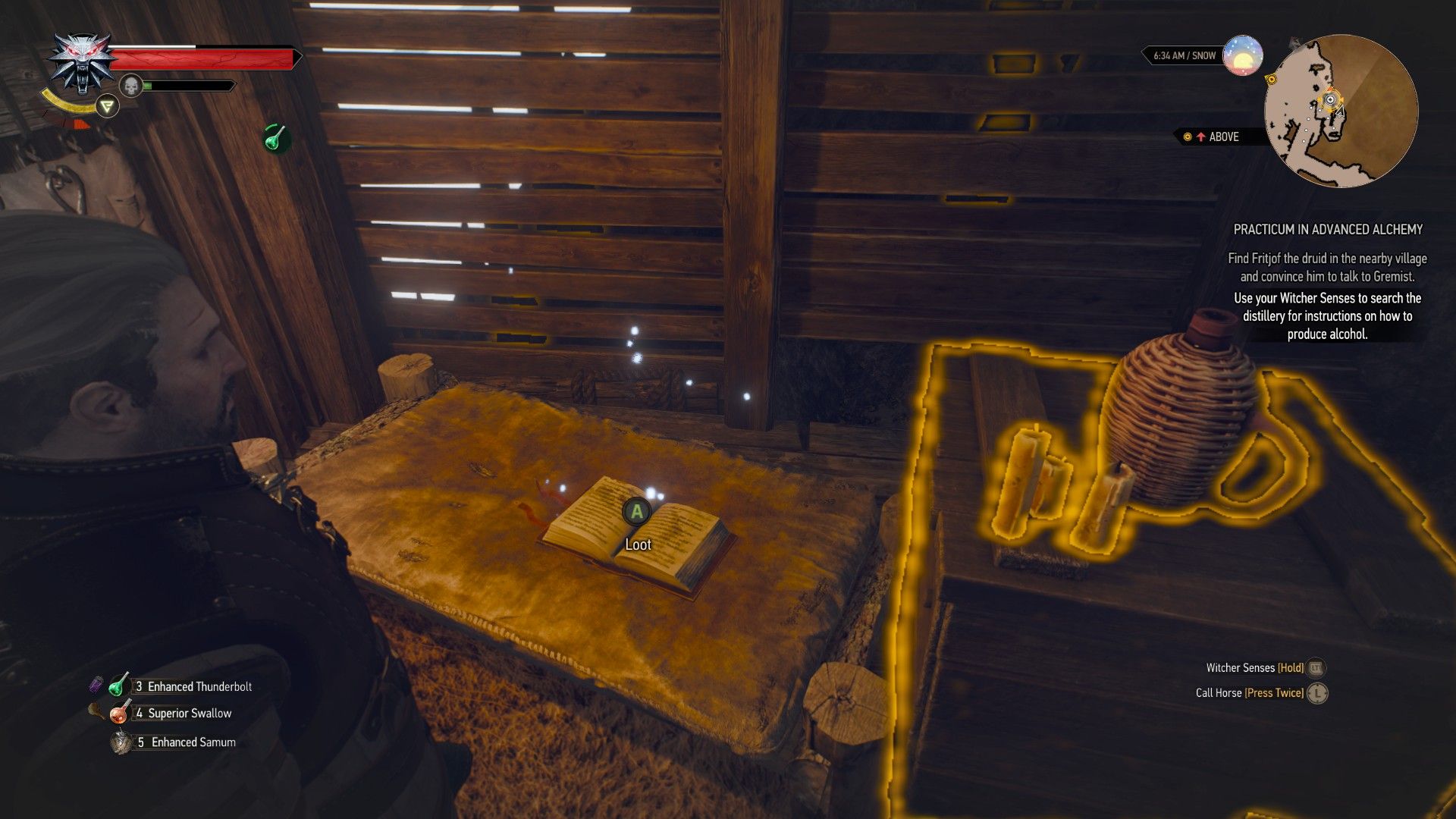 A screenshot of Geralt standing in an abandoned room with a book on his bed.