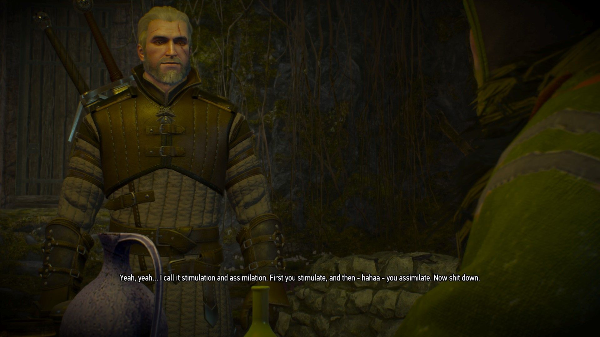Geralt smiles happily when invited for a drink with a pair of old druids.