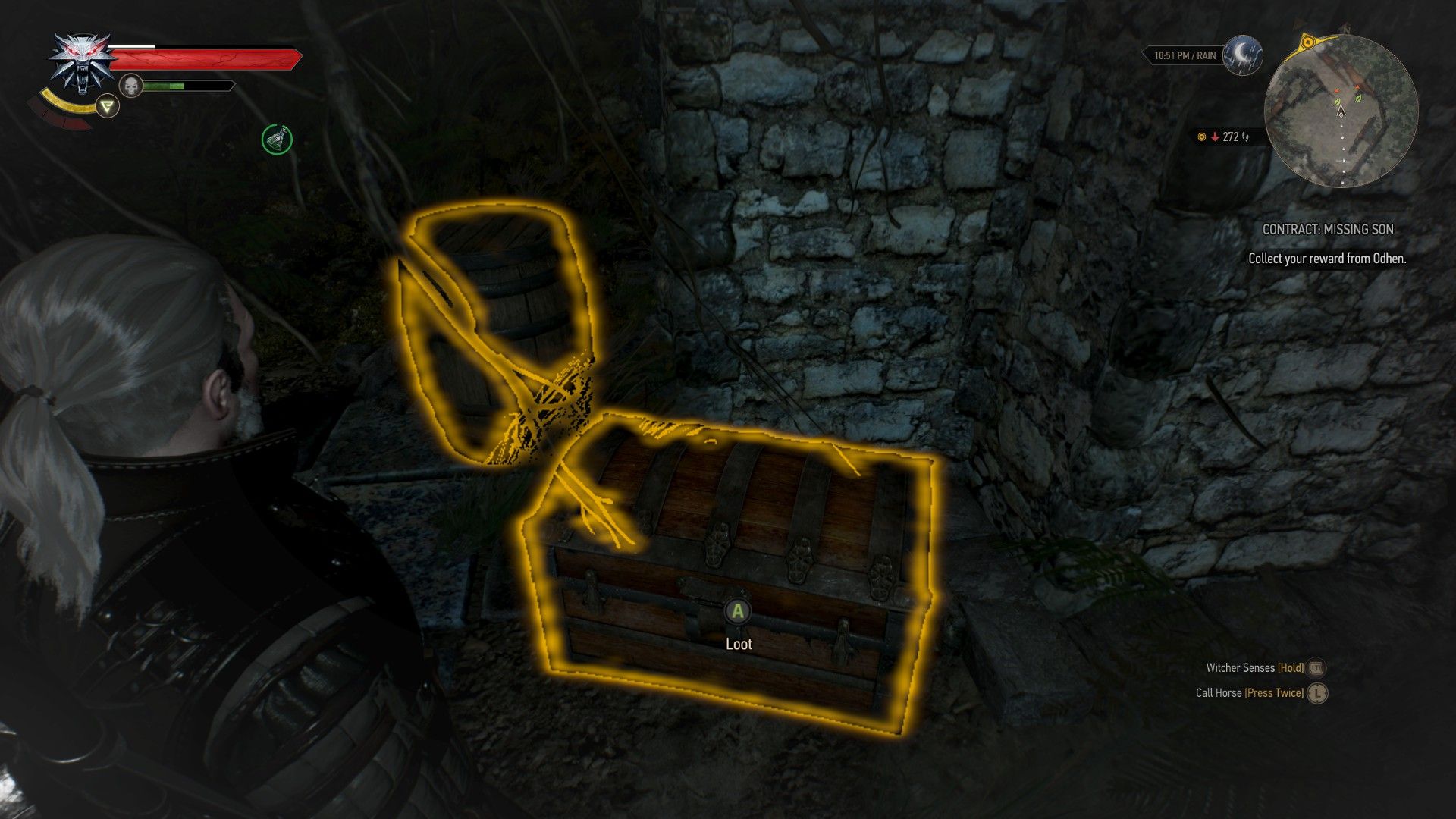 A screenshot of Geralt looking at a treasure chest that holds an additional reward in The Witcher 3.