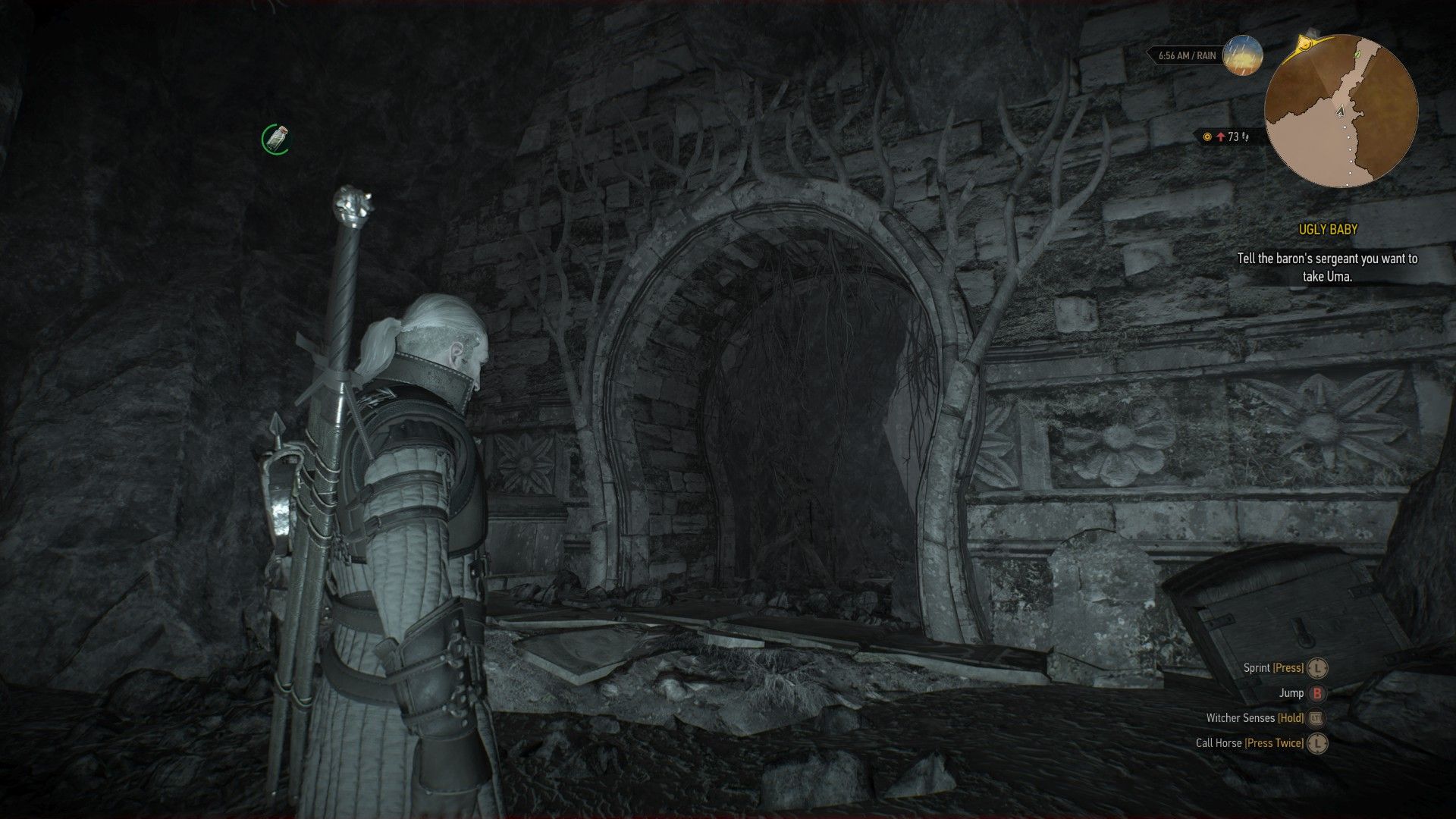 A screenshot of Geralt looking at a tunnel entrance in a cave with the Cat potion active.