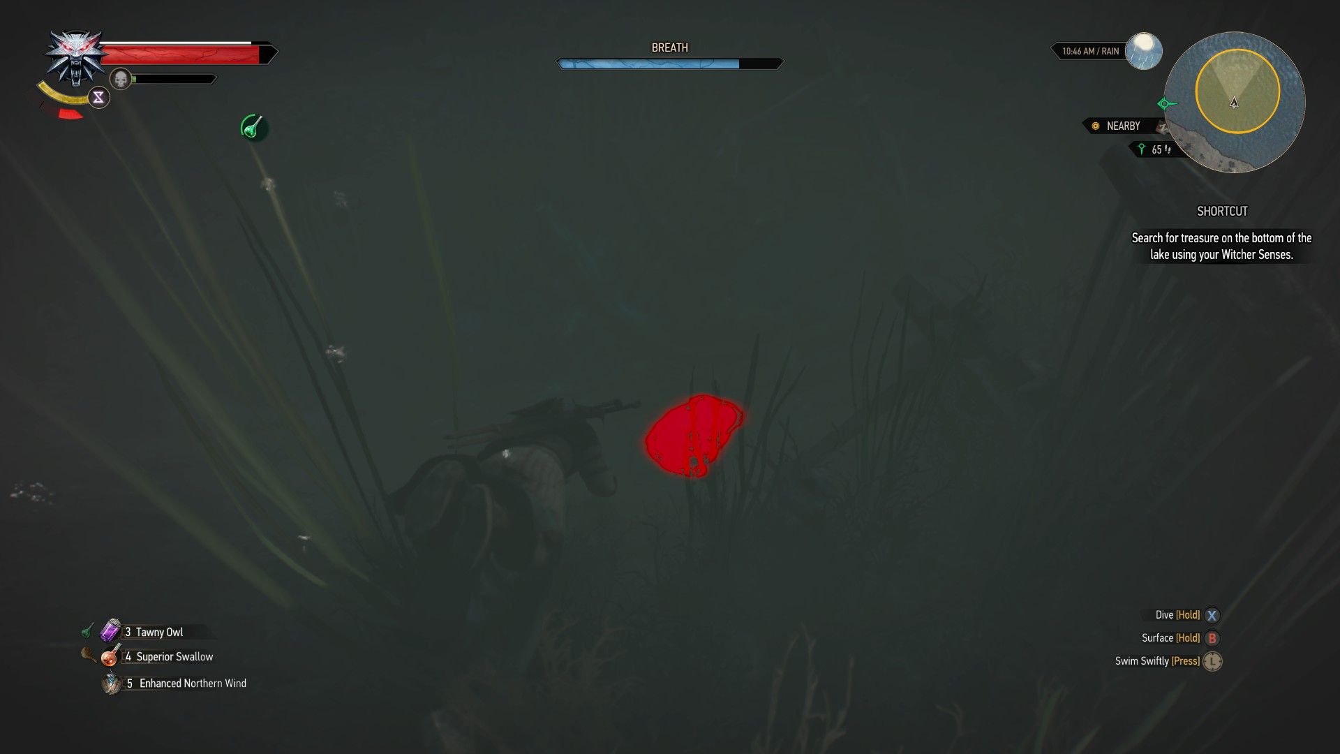 A screenshot of Geralt swimming underwater after a treasure chest.