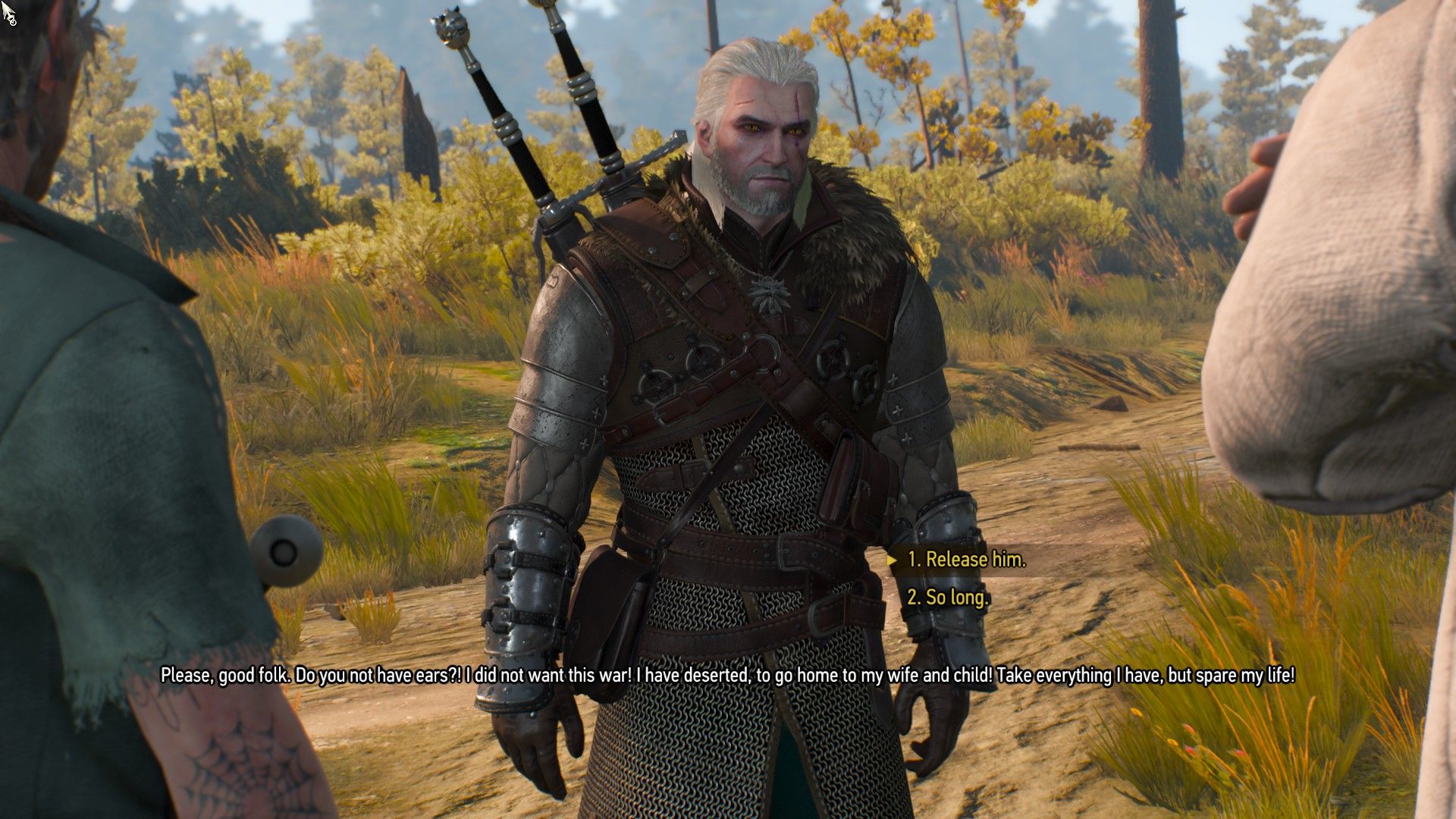 A screenshot of the player being asked to choose between two dialogue choices in The Witcher 3.