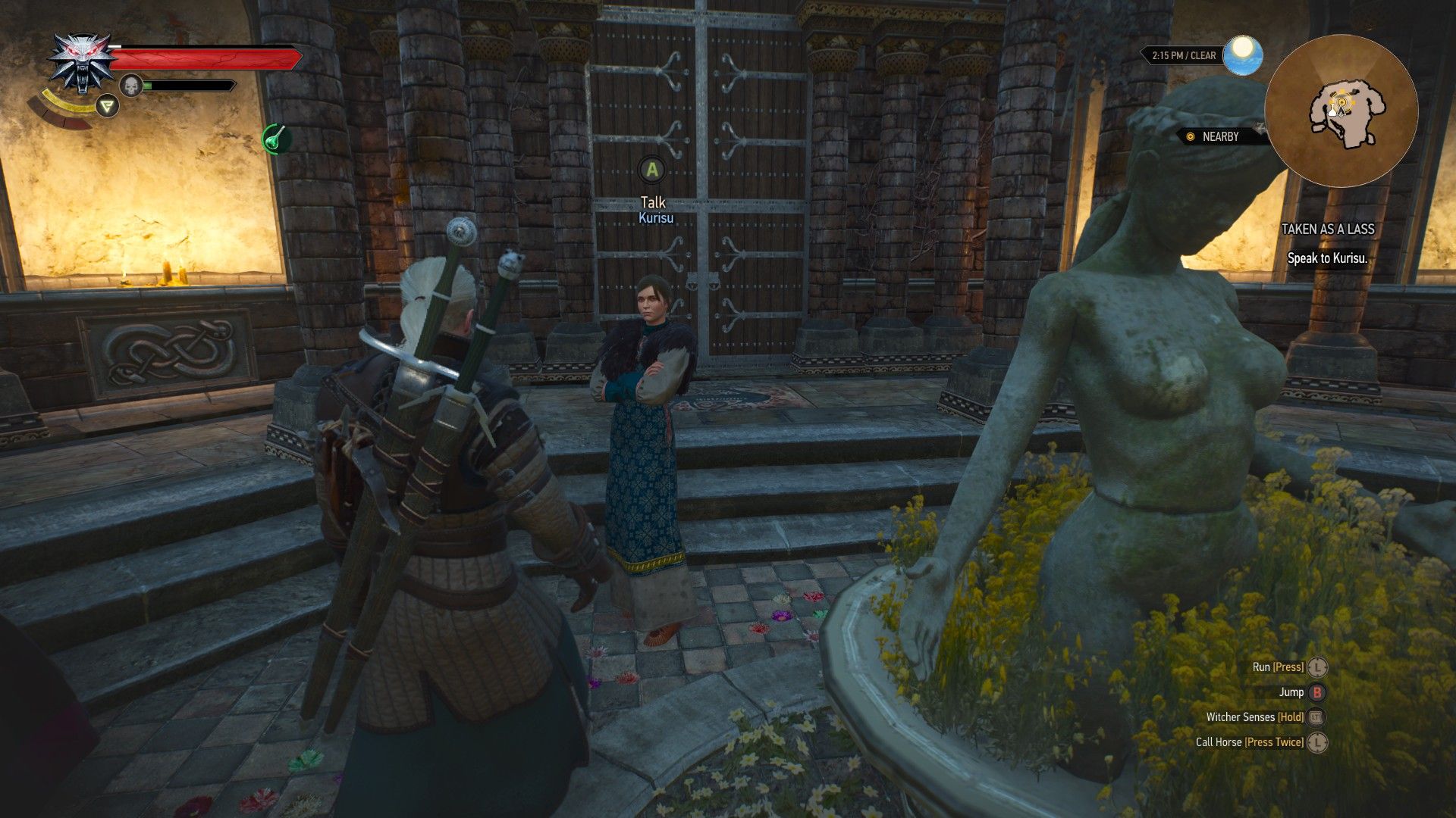 Geralt walks over to a Skellige woman at the Temple of Freya in The Witcher 3.