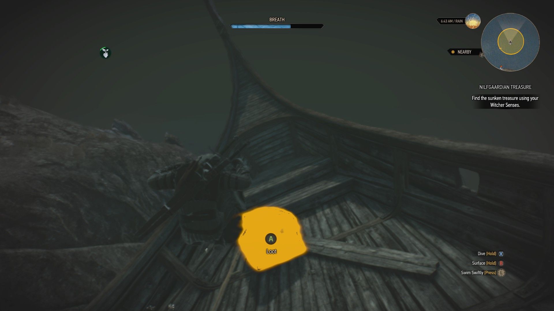 A screenshot of Geralt swimming under water to reach a chest outlined in orange in The Witcher 3.