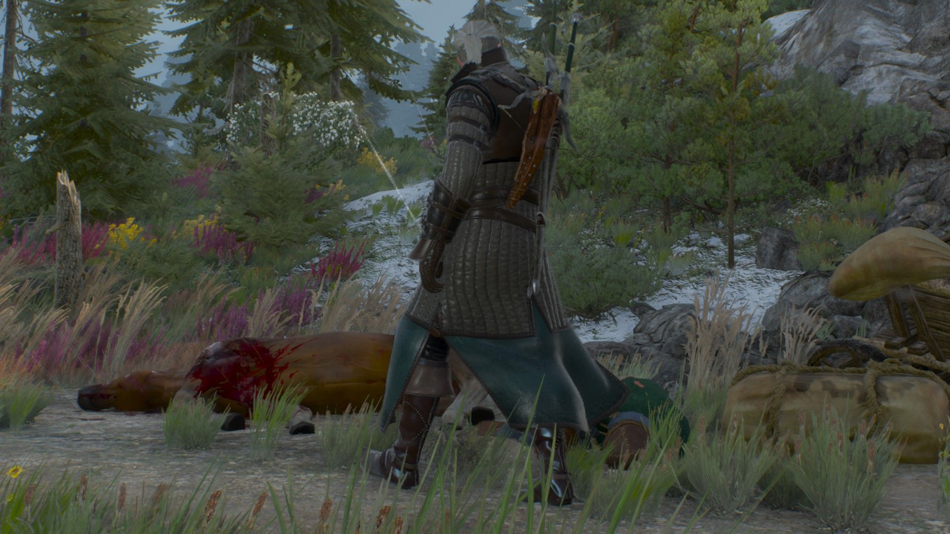 Geralt strides over to a slain man and his horse on a road in Skellige.