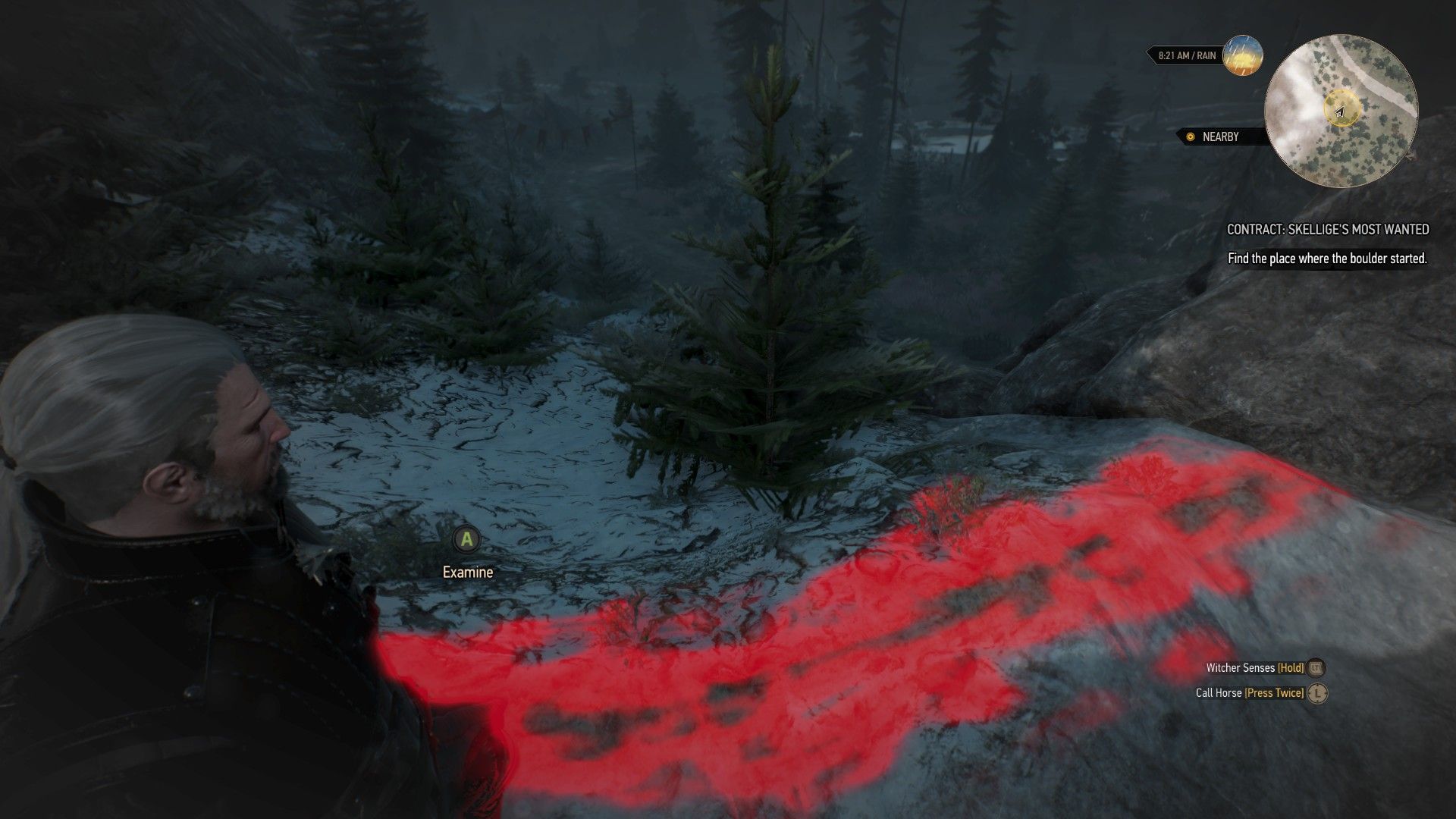 A screenshot of Geralt&rsquo;s Witcher Senses highlighting a path left by a falling boulder in red.