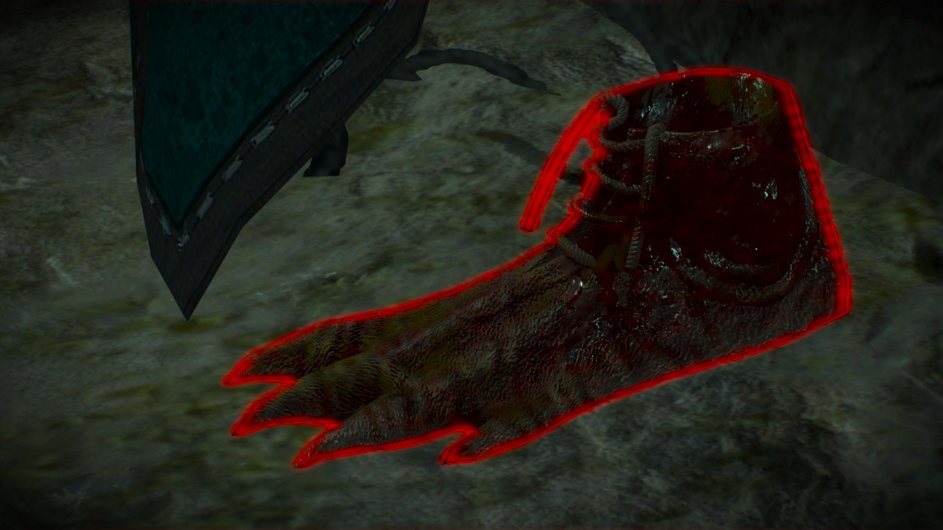 A screenshot of Geralt&rsquo;s Witcher senses highlighting a Nekker foot hollowed out to be a boot in a cave.