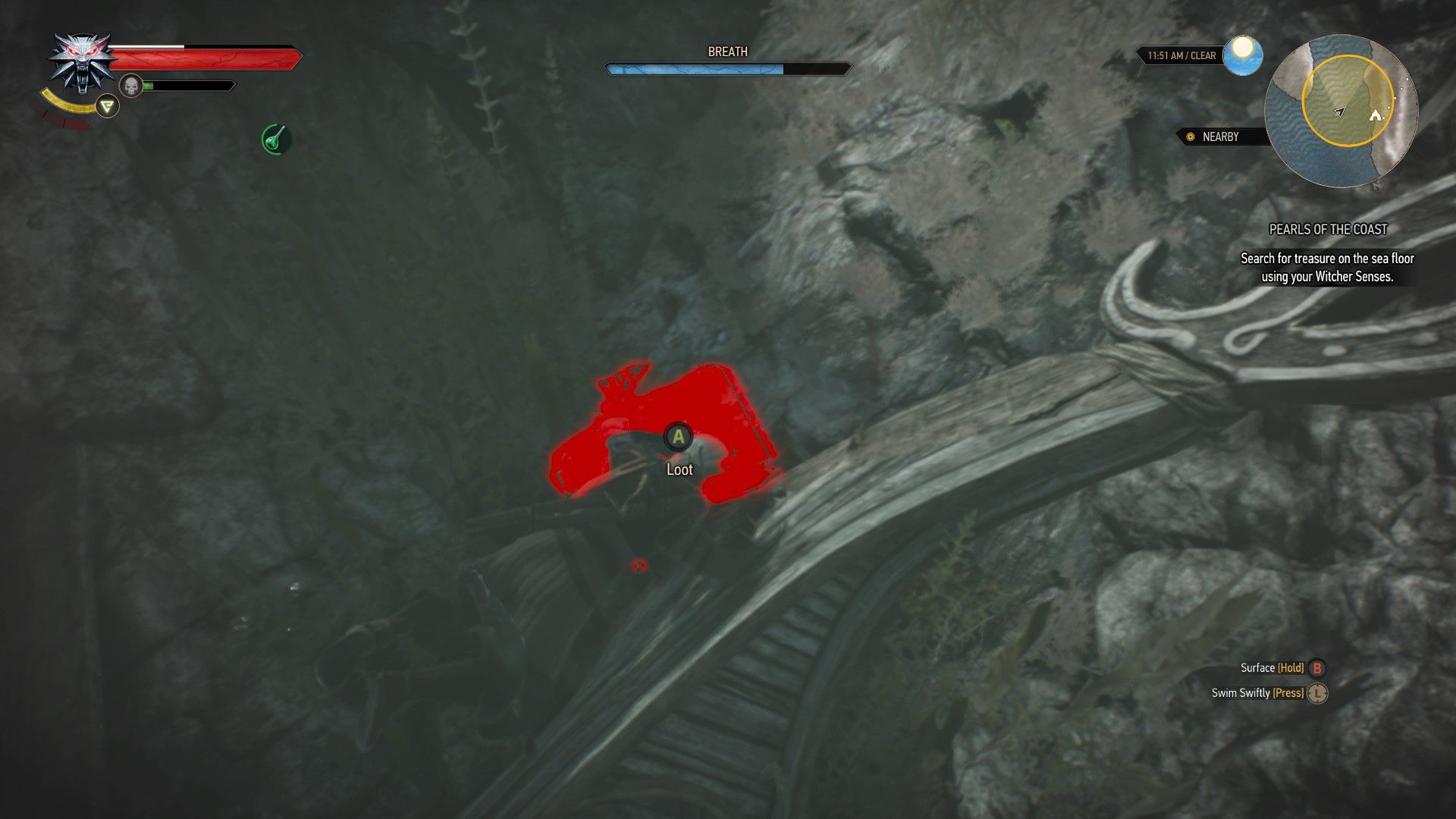 Geralt swims next to a treasure chest, highlighted in red by his Witcher Senses.