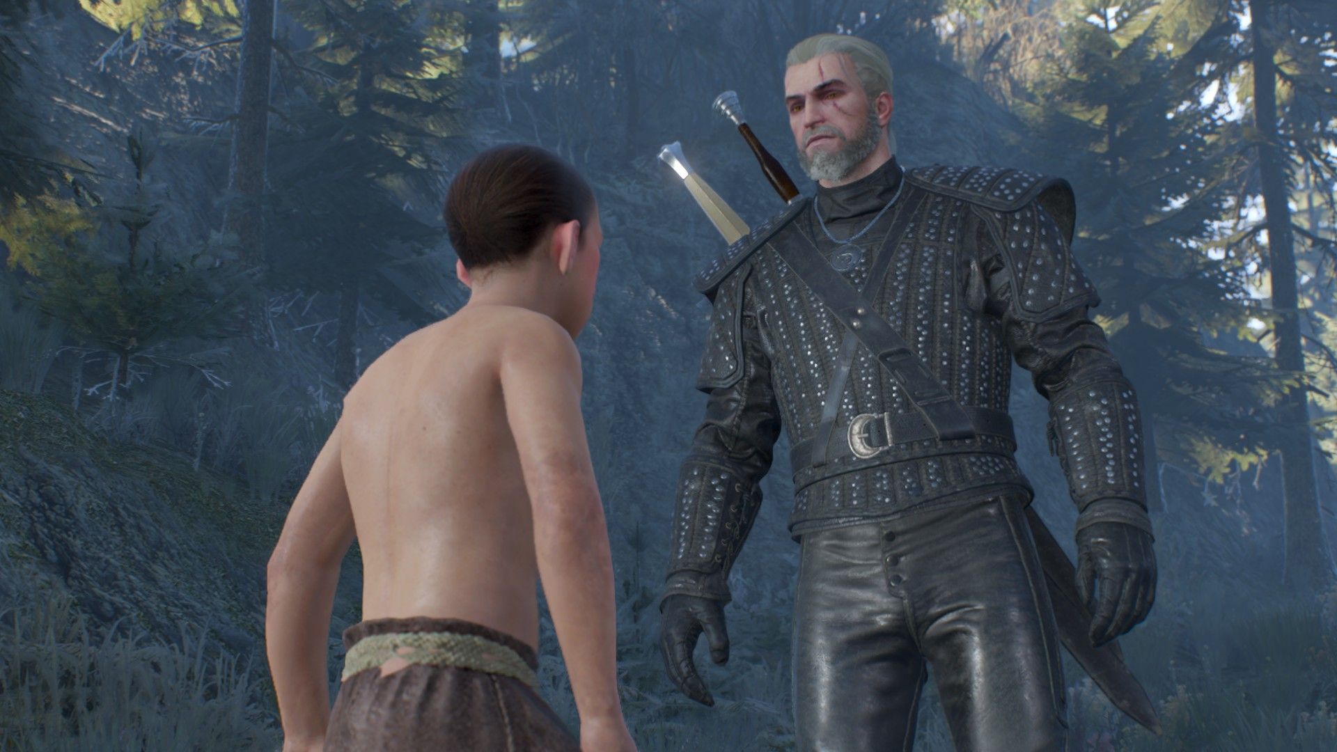 Geralt towers over a shirtless boy as he investigates screams in the woods near Kaer Morhen.