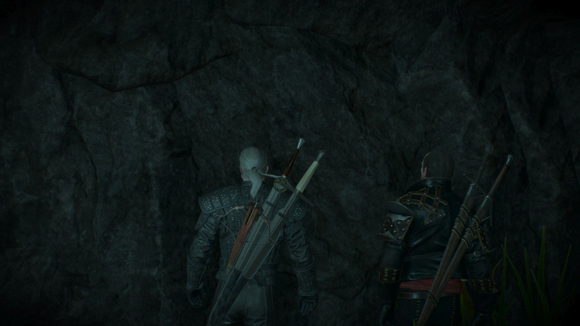 Geralt and another witcher look up at a ledge they will have to climb in a dark cave.