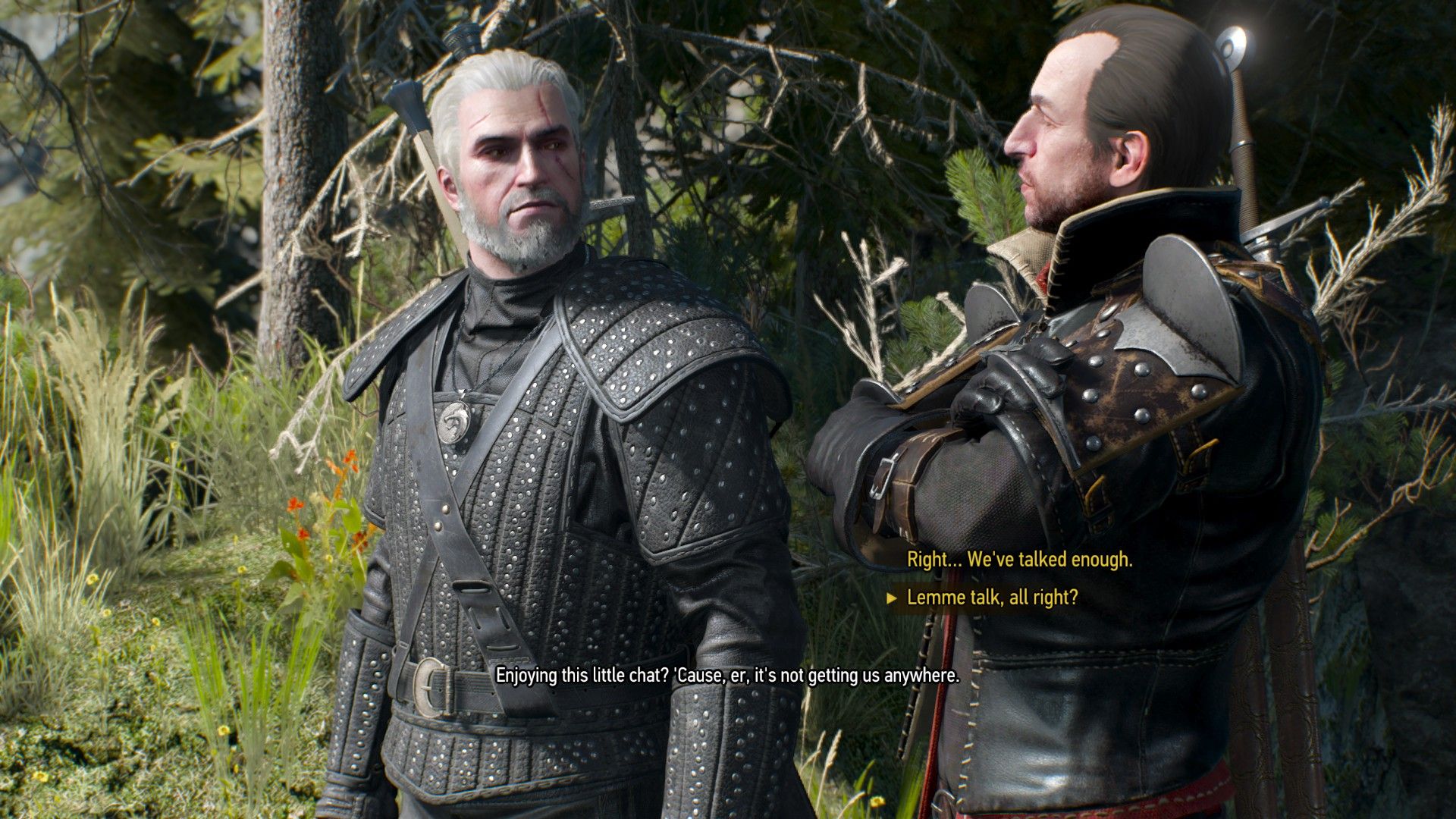 A screenshot of The Witcher 3&rsquo;s dialogue menu during a coversation between two witchers and some trolls off-screen.
