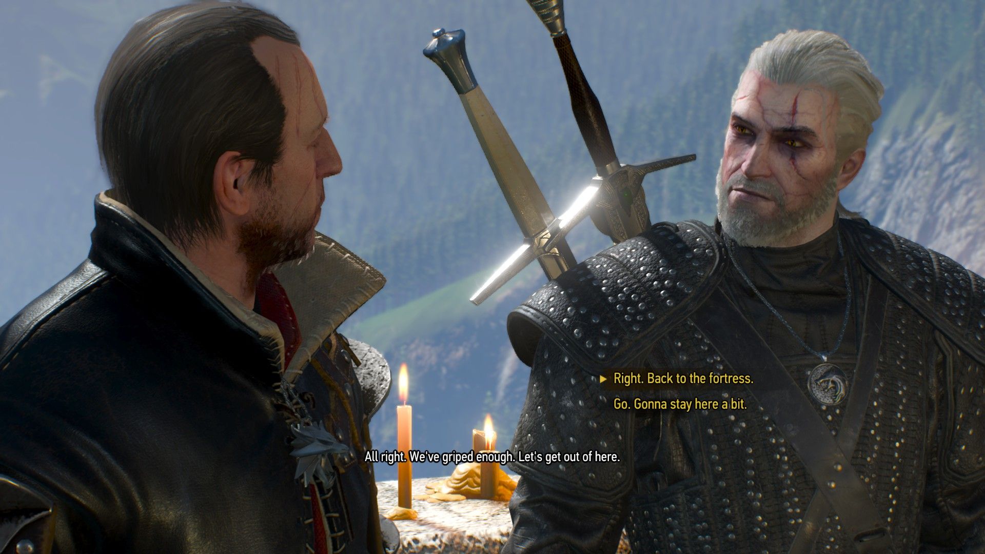 A screenshot of The Witcher 3&rsquo;s dialogue menu, with Geralt and Lambert discussing where they should go next.