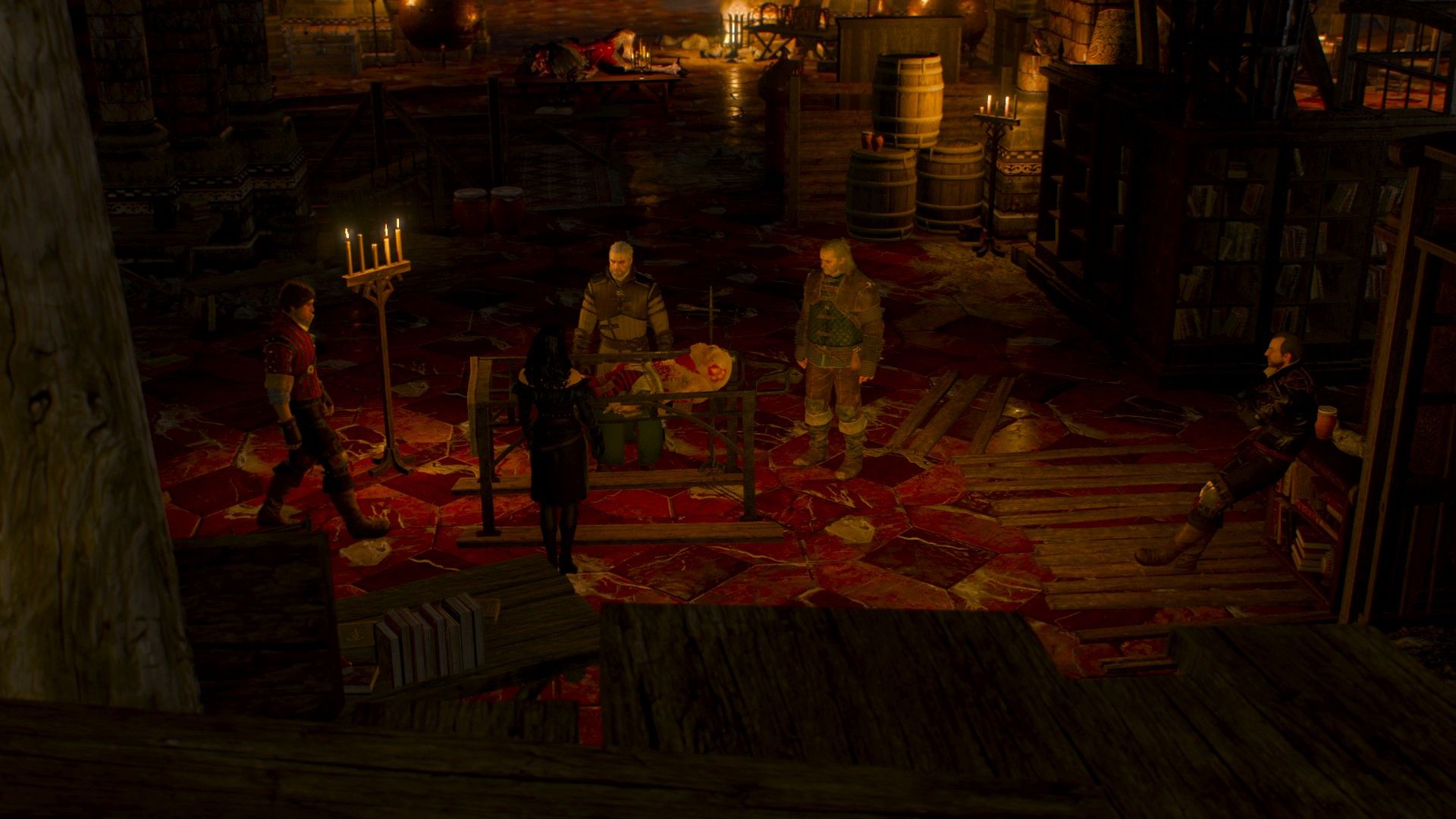 Yennefer and the witchers stand around Uma on a bed closely resembling a torture device as they prepare for a magic procedure.