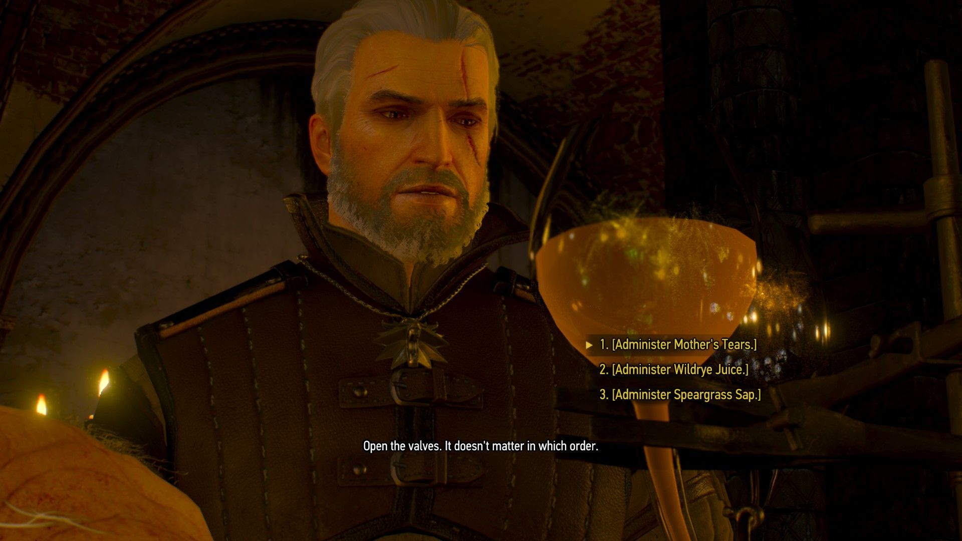 A screenshot of Geralt preparing to administer a concoction to Uma in Kaer Morhen.