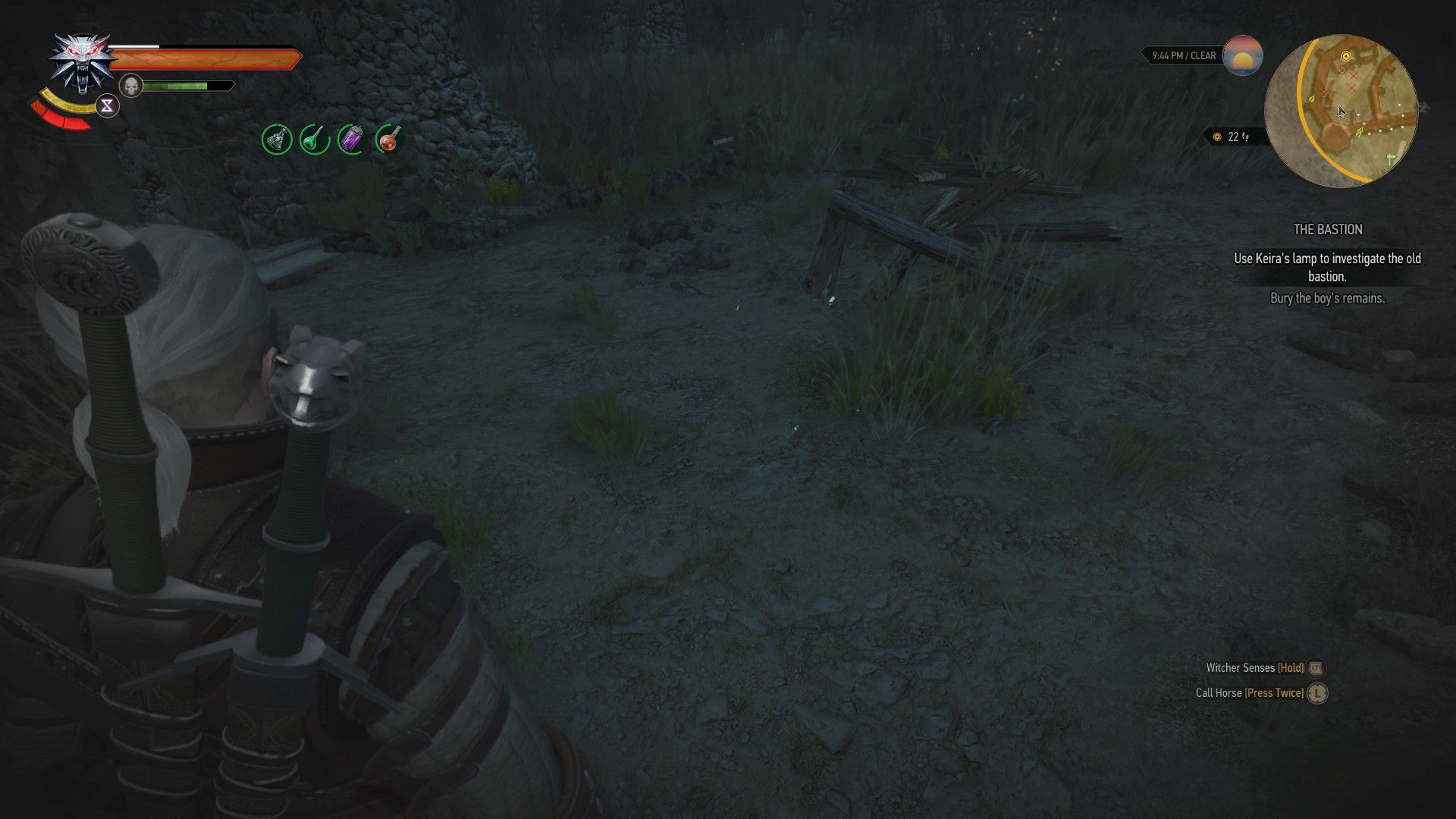 A screenshot of Geralt looking at some green motes in The Witcher 3.