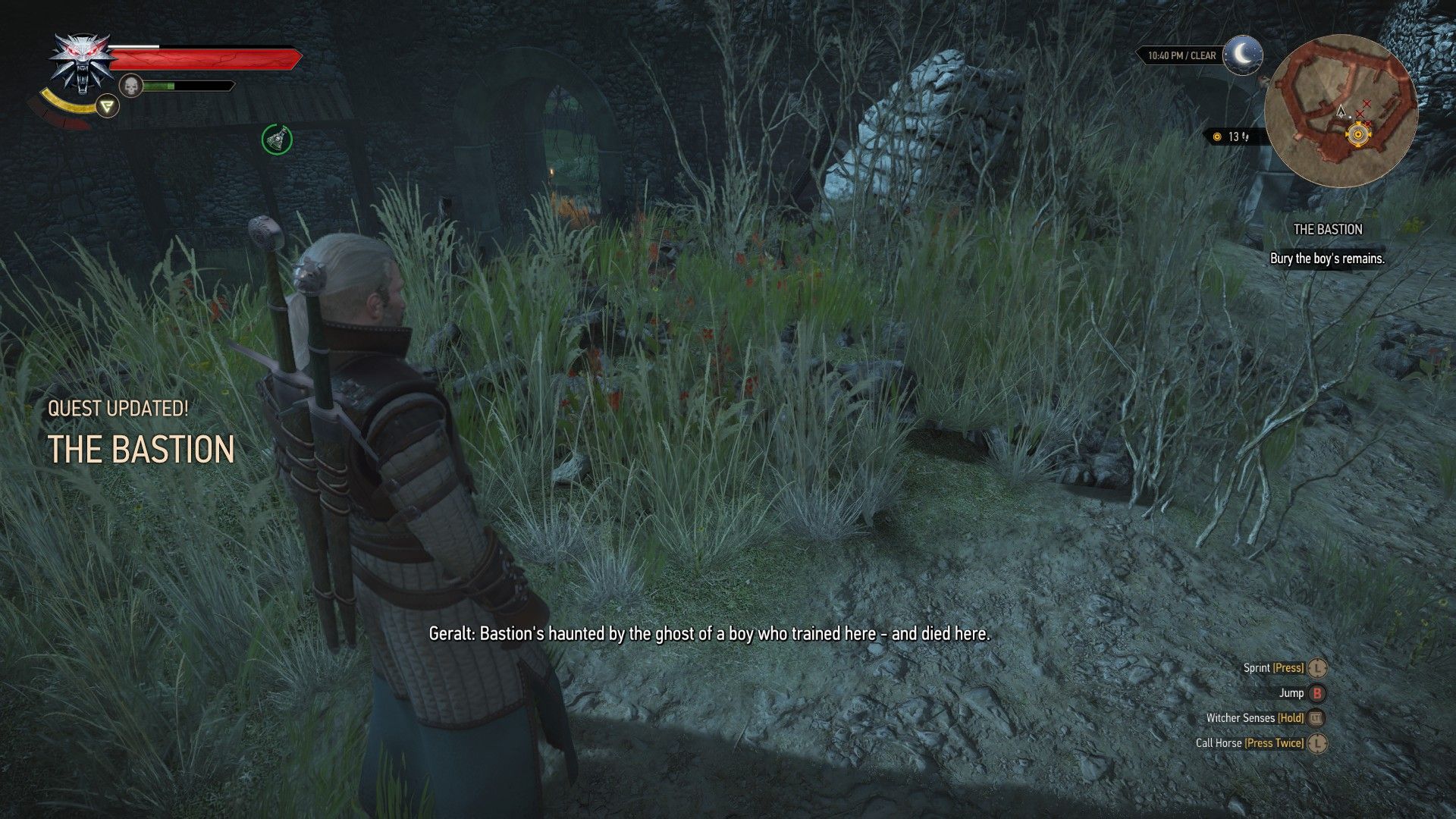 A screenshot of Geralt standing inside an old fortification in The Witcher 3.