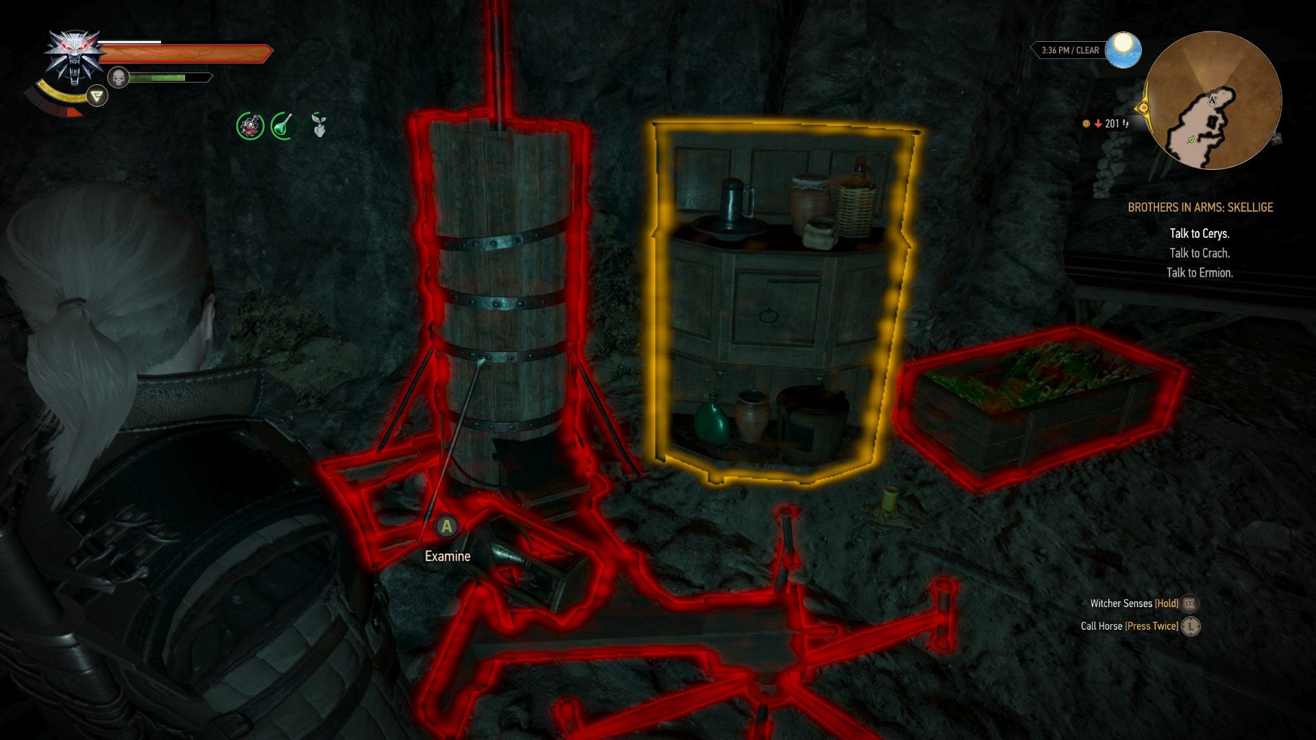 A screenshot of Geralt&rsquo;s Witcher Senses highlighting several objects used in Witcher mutations.