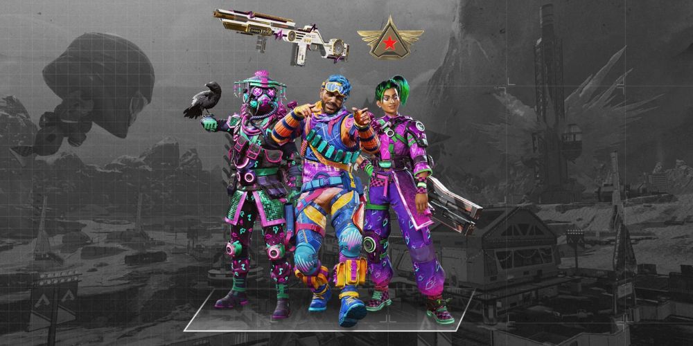 Bloodhound, Mirage, and Rampart Official Art Wearing Apex Legends Premium Revelry Battle Pass Skins and Cosmetics