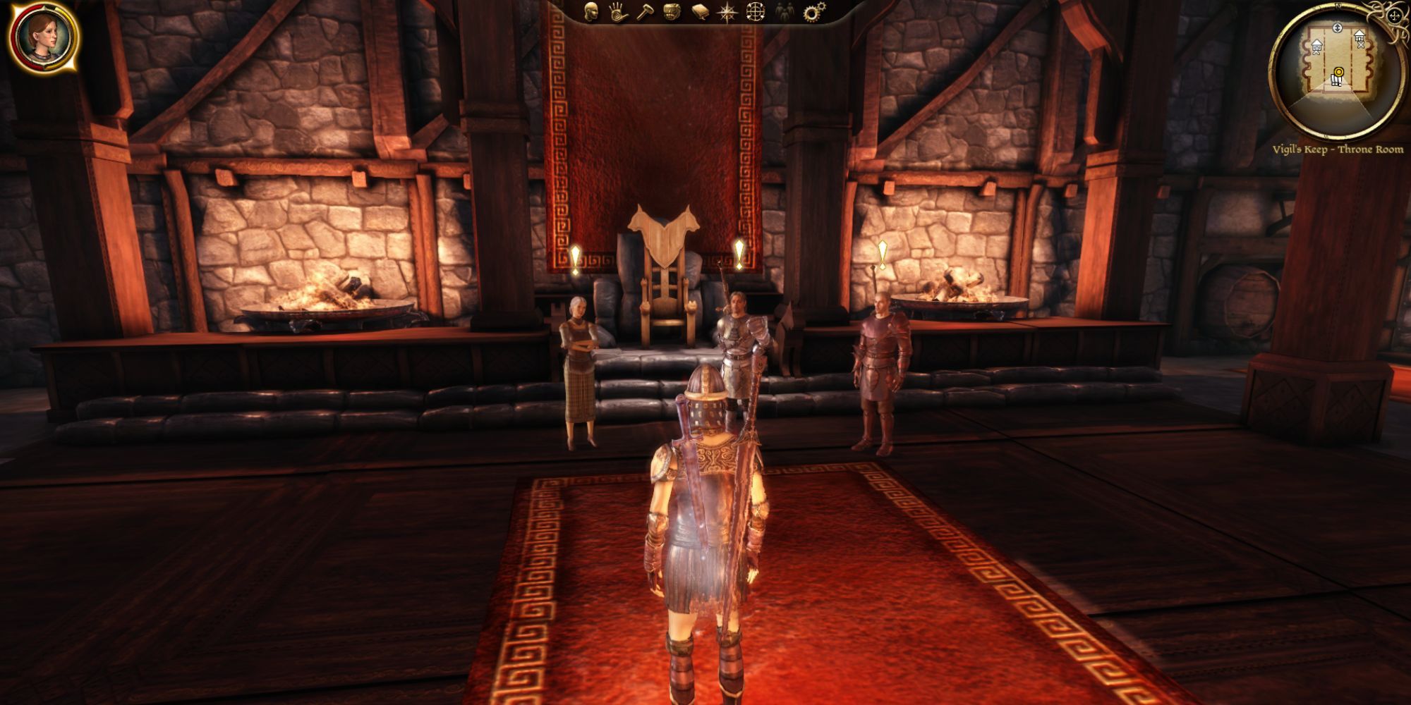 The Warden faces Mistress Woolsey, Seneschal Varel, and Captain Garavel in the throne room of Vigil's Keep