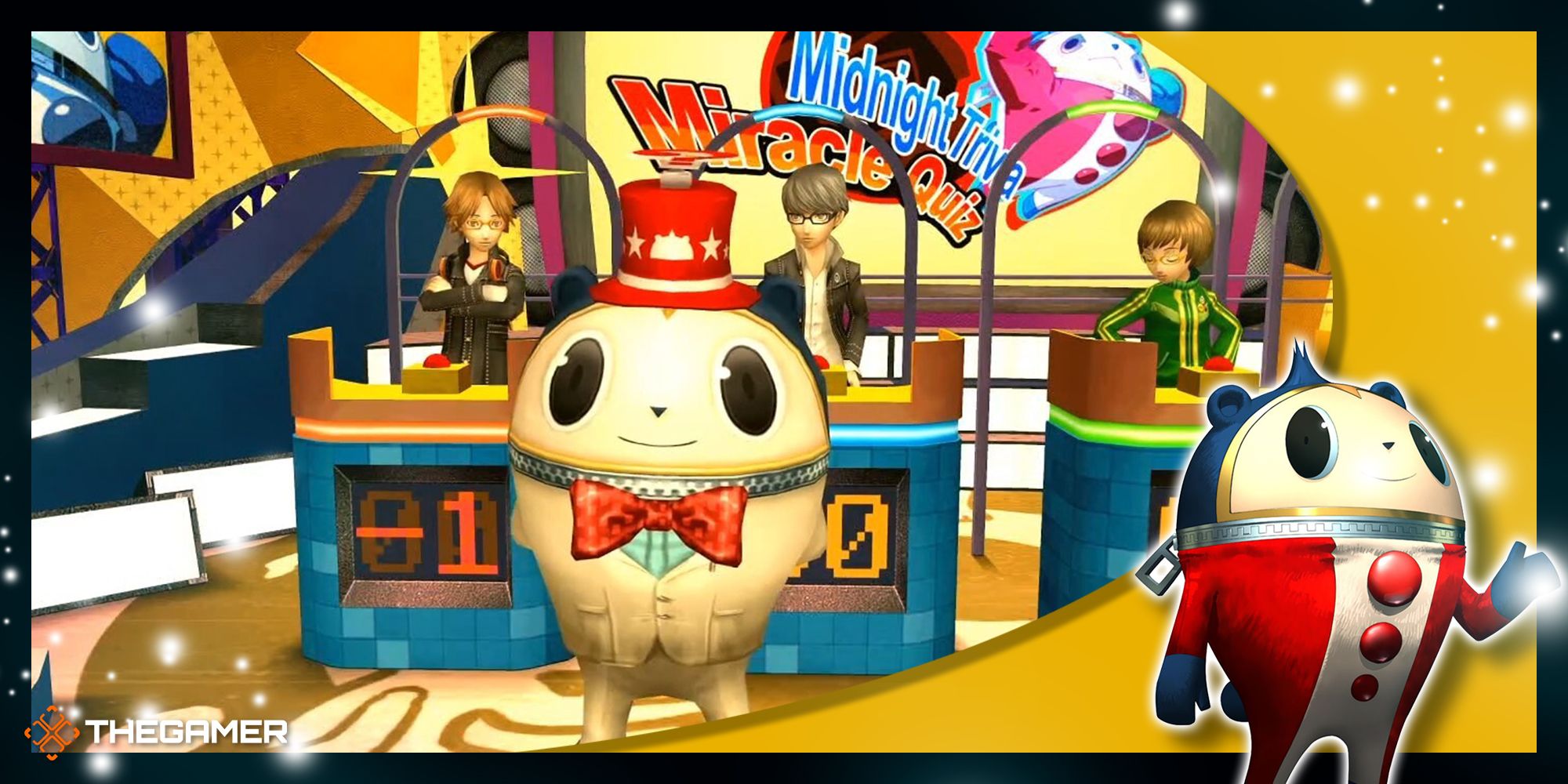 teddie in a suit and hat in front of yosuke, yu, and chie on the set of the midnight trivia miracle quiz in new game plus runs of persona 4 golden